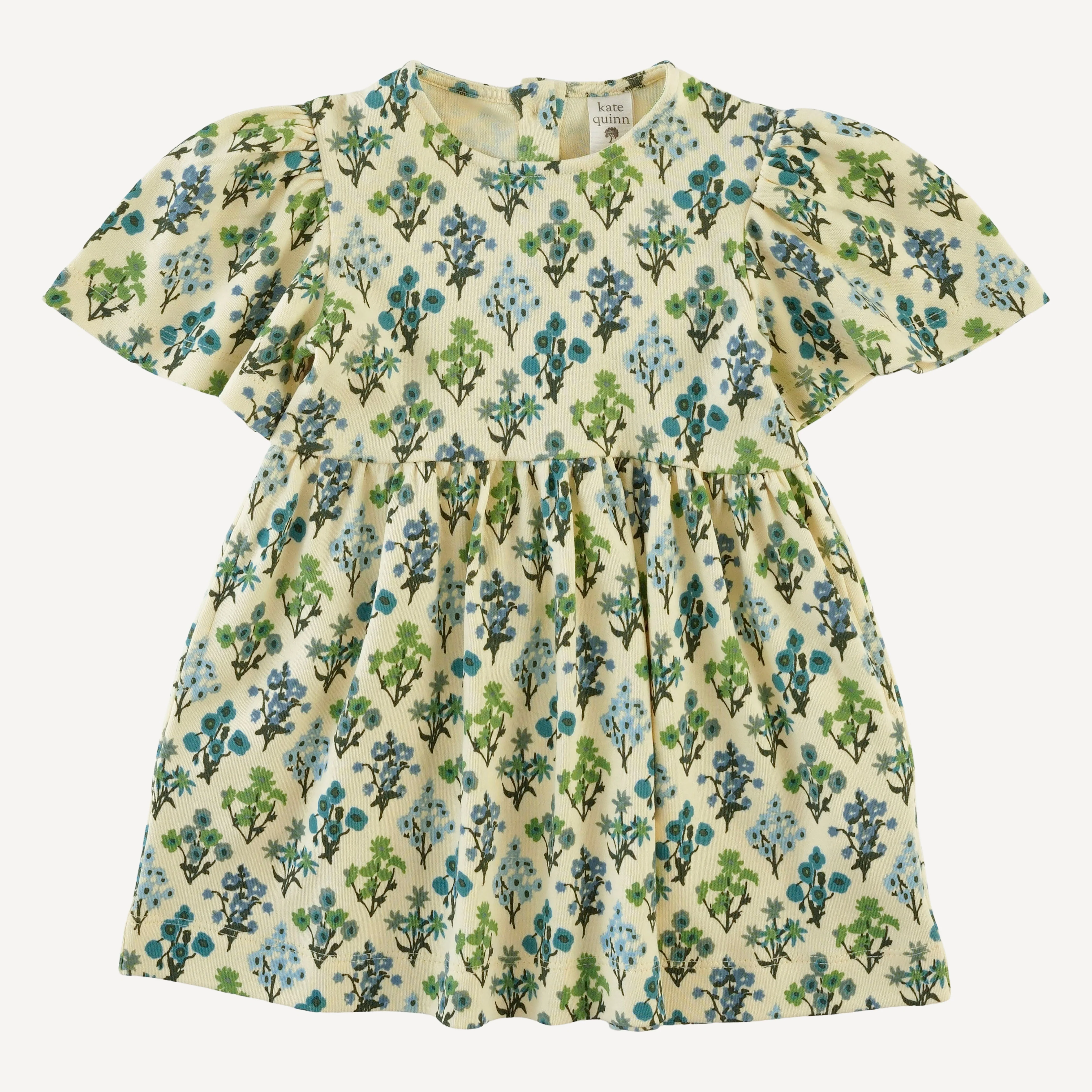 bell sleeve dress | blue floral bouquet | organic cotton interlock