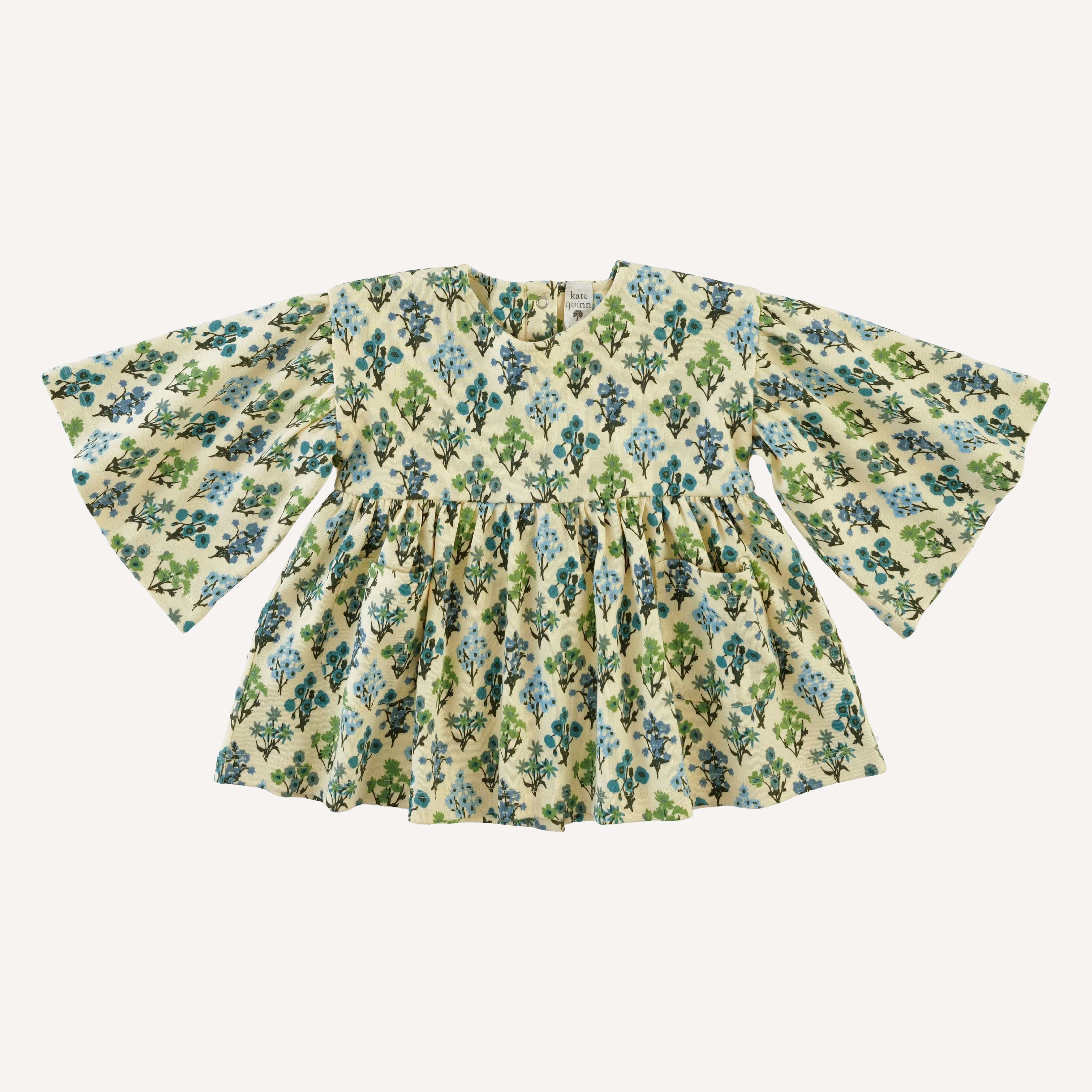 bell sleeve gathered tunic | blue floral bouquet | organic cotton interlock