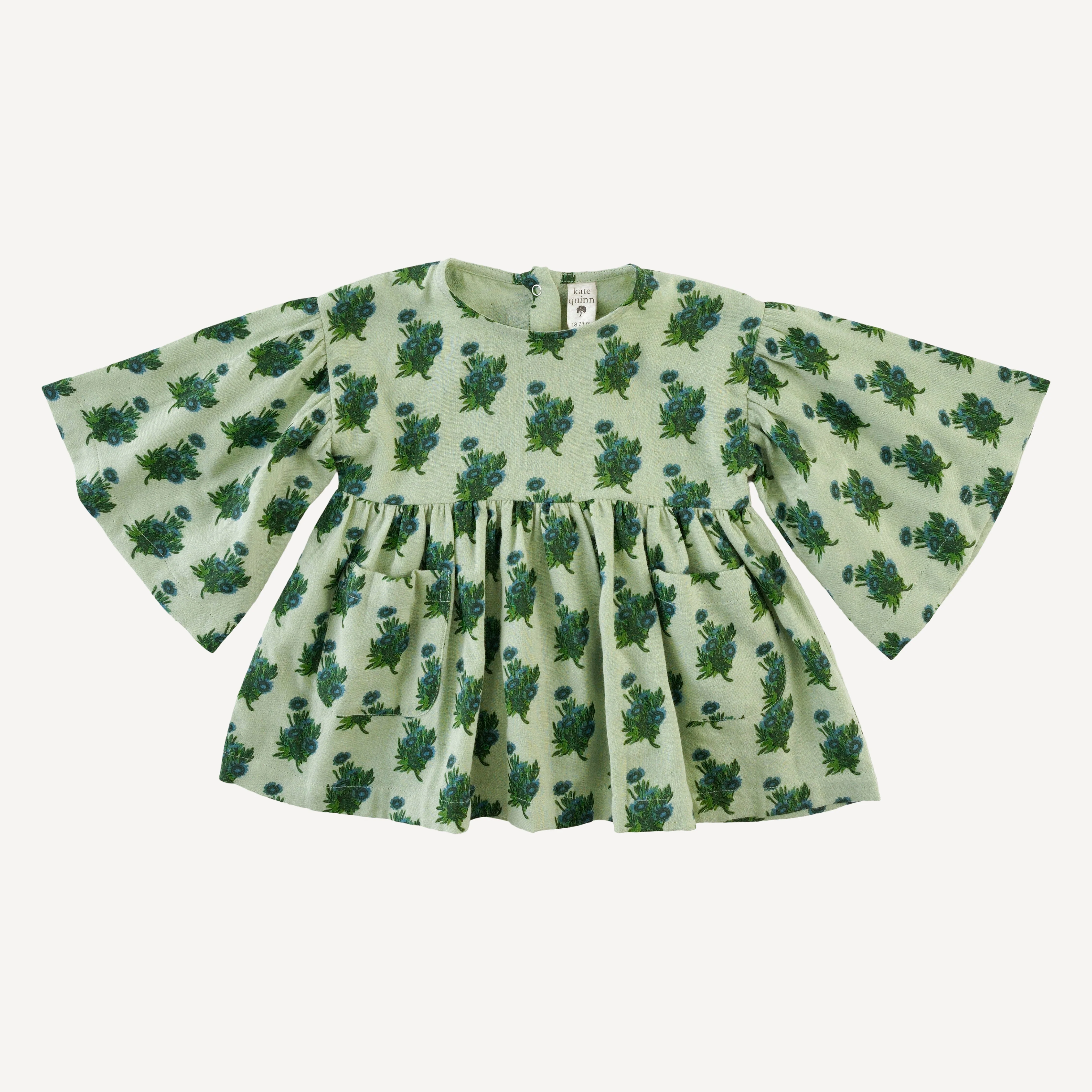 bell sleeve gathered tunic | blue tiny calendula | organic cotton gauze
