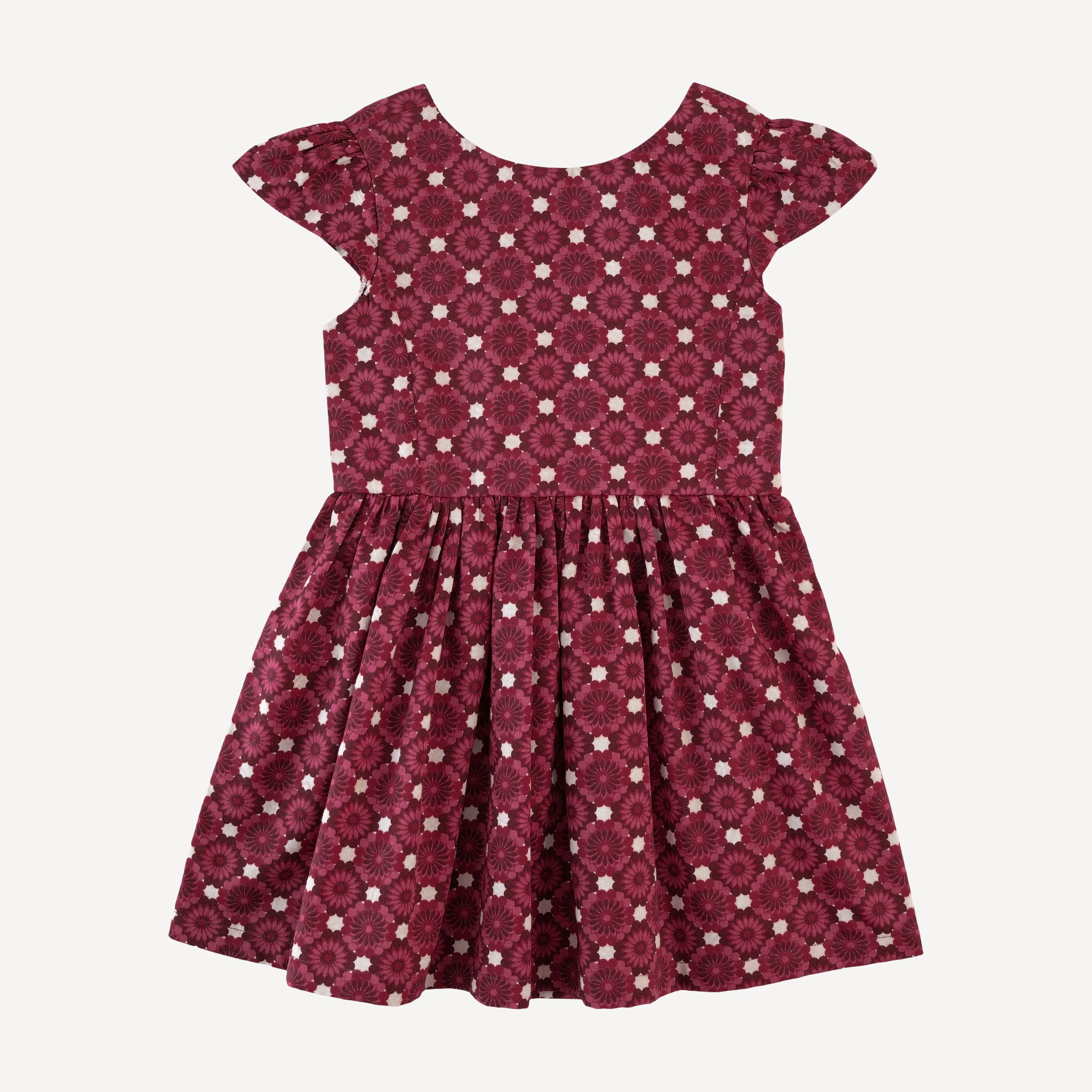 cap sleeve back bow dress | red geo floral | organic cotton sateen woven