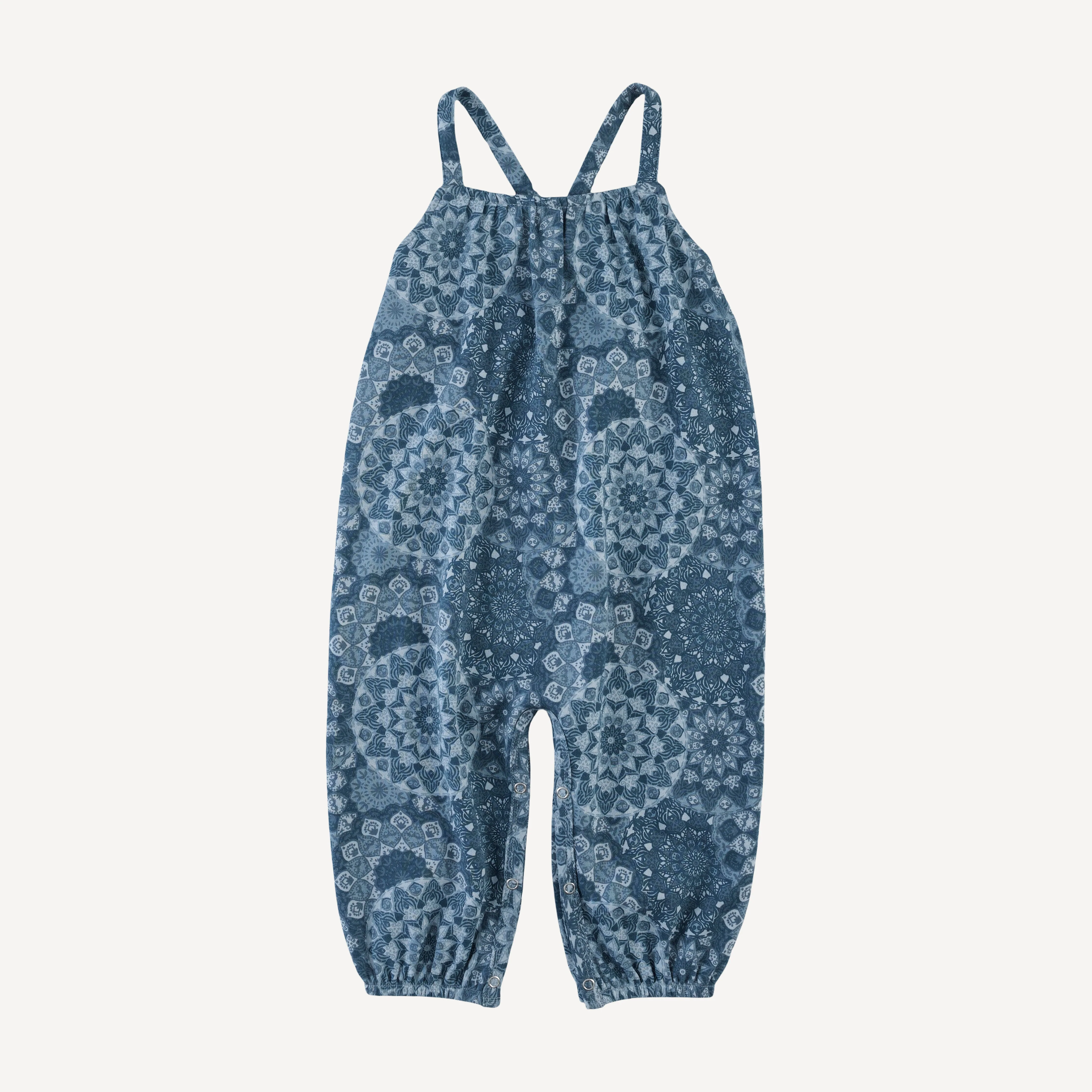 cross back spaghetti strap bubble jumpsuit | celestial mandala | organic cotton interlock