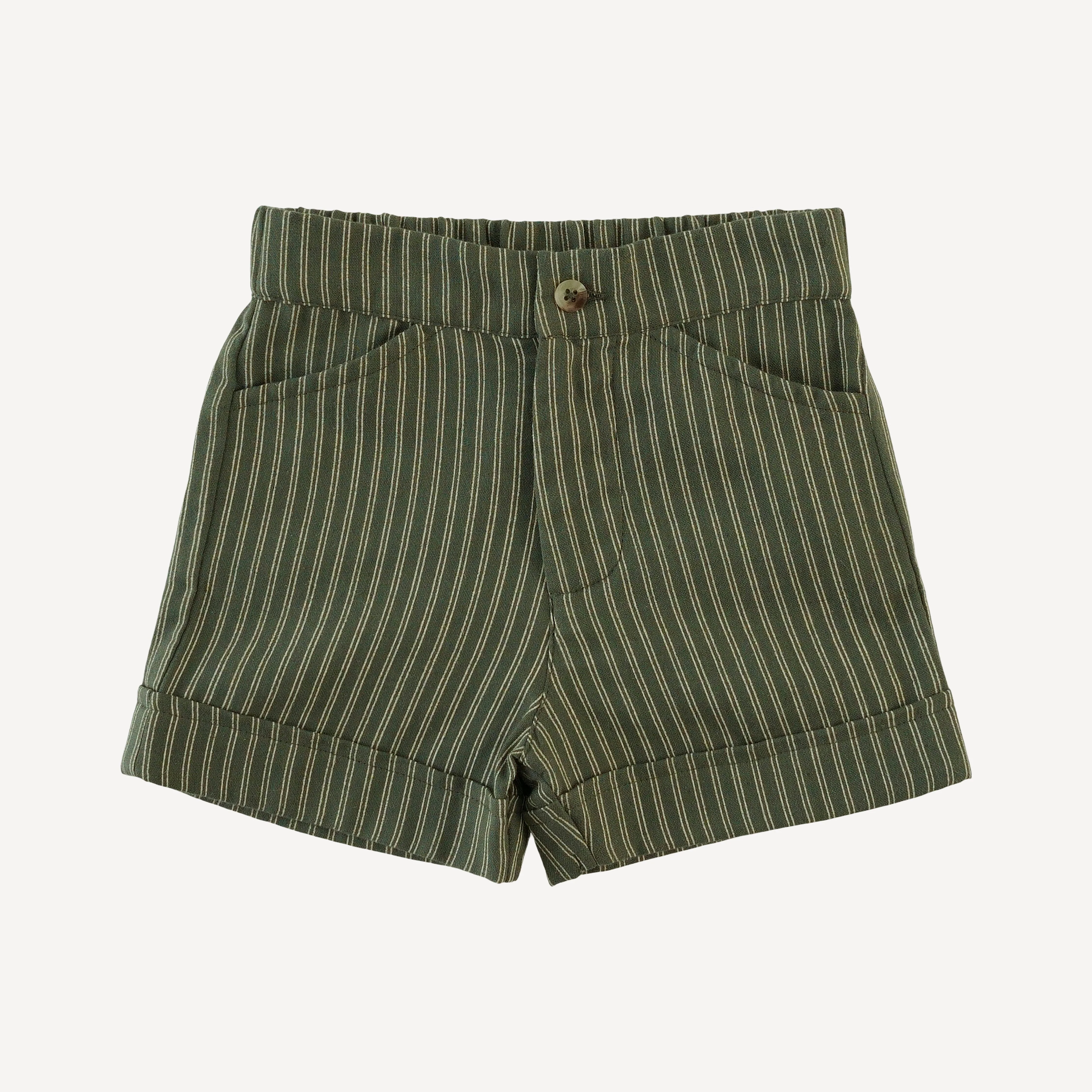 cuffed pocket short | green pinstripe | organic cotton gauze