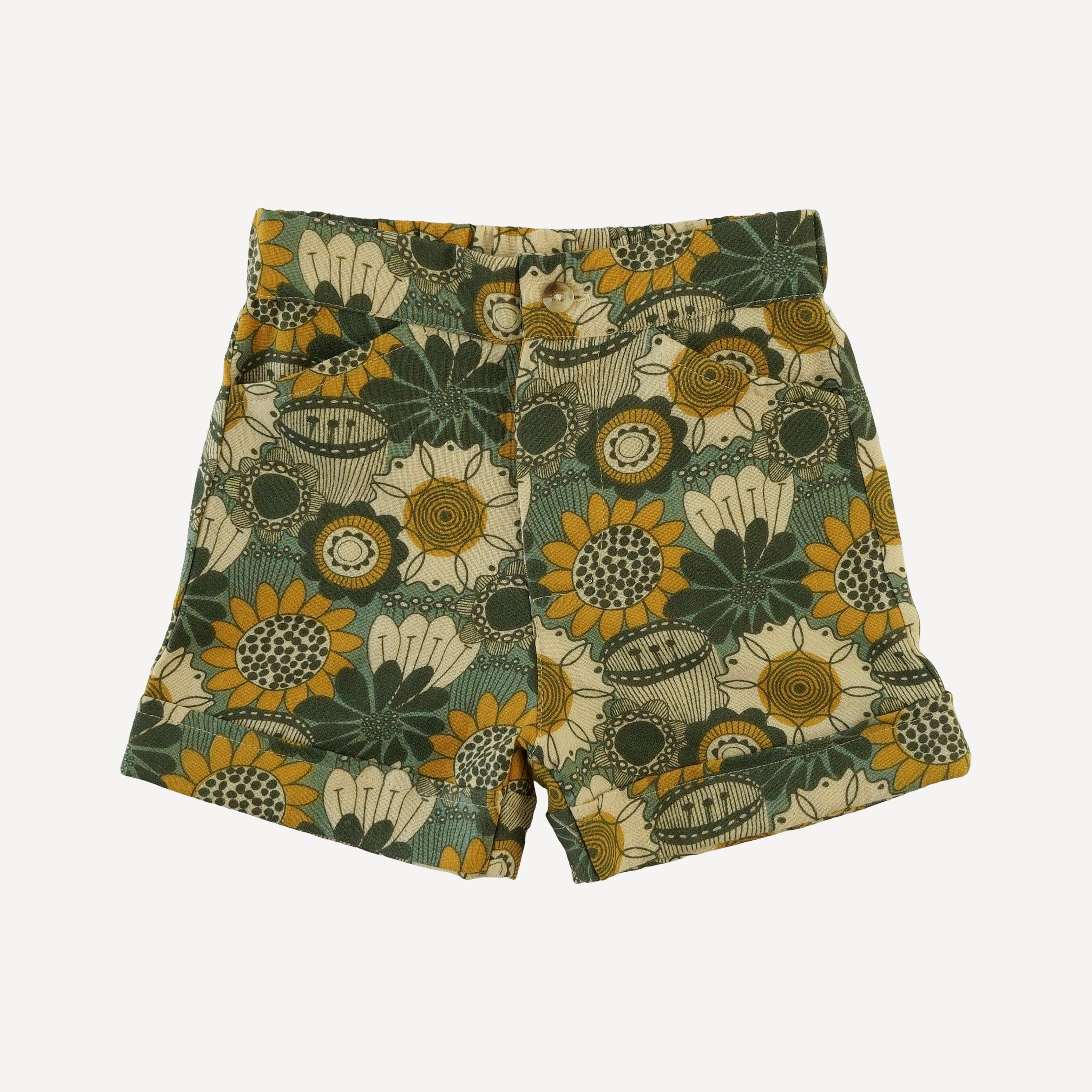 cuffed pocket short | honey mustard flower doodles | organic cotton gauze