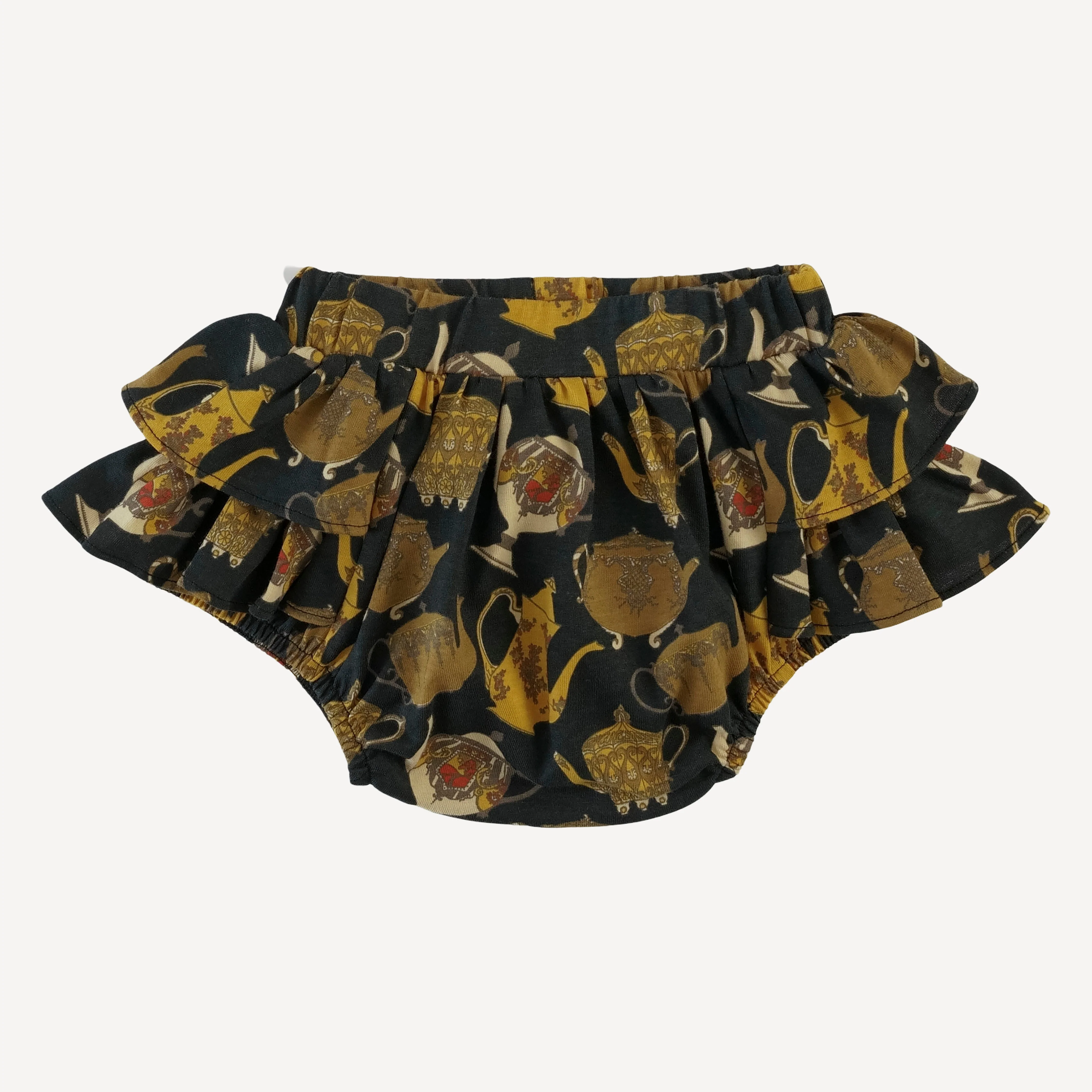 double ruffle bloomer | gold teapots | organic cotton jersey