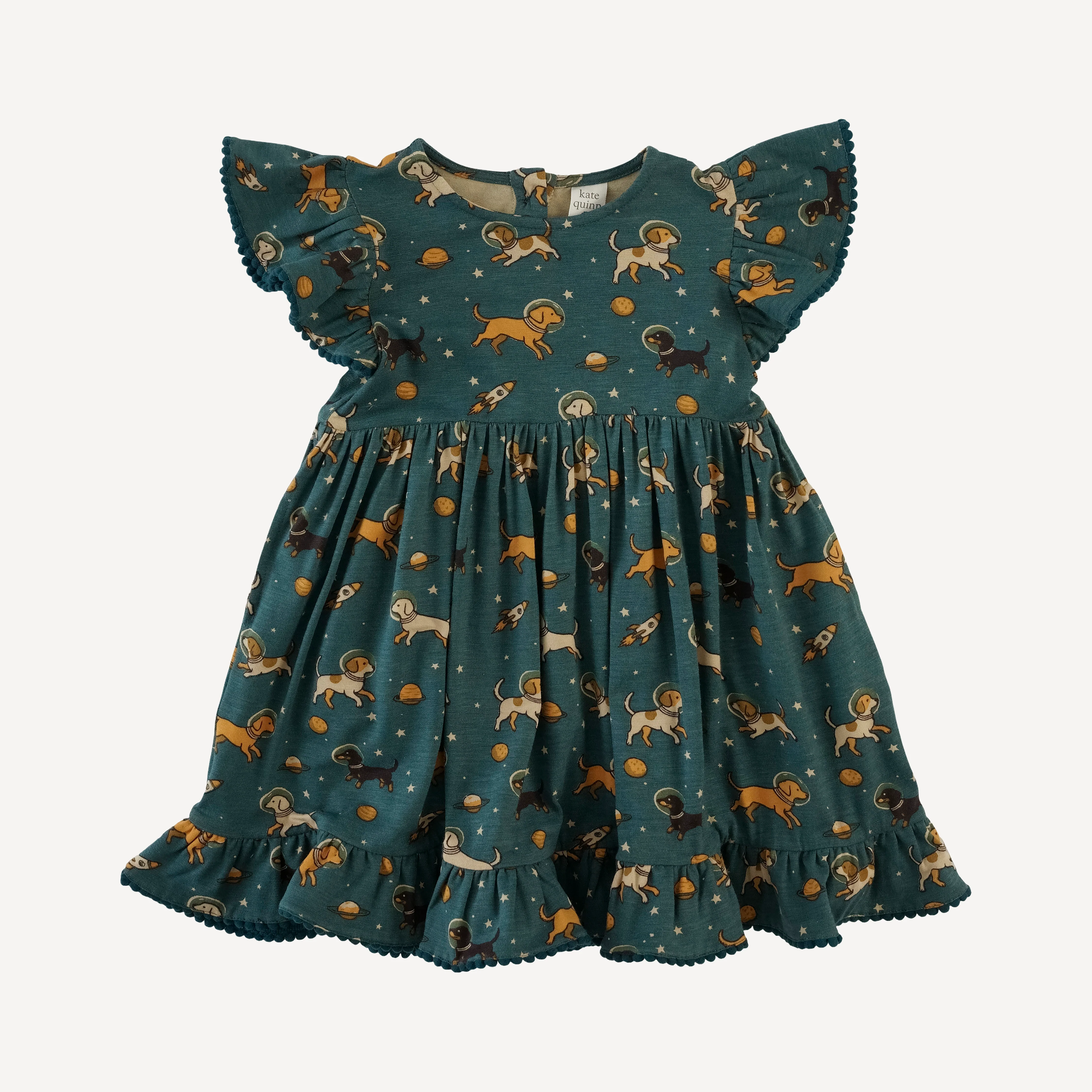 flutter sleeve pom pom pinafore dress | space pups | bamboo