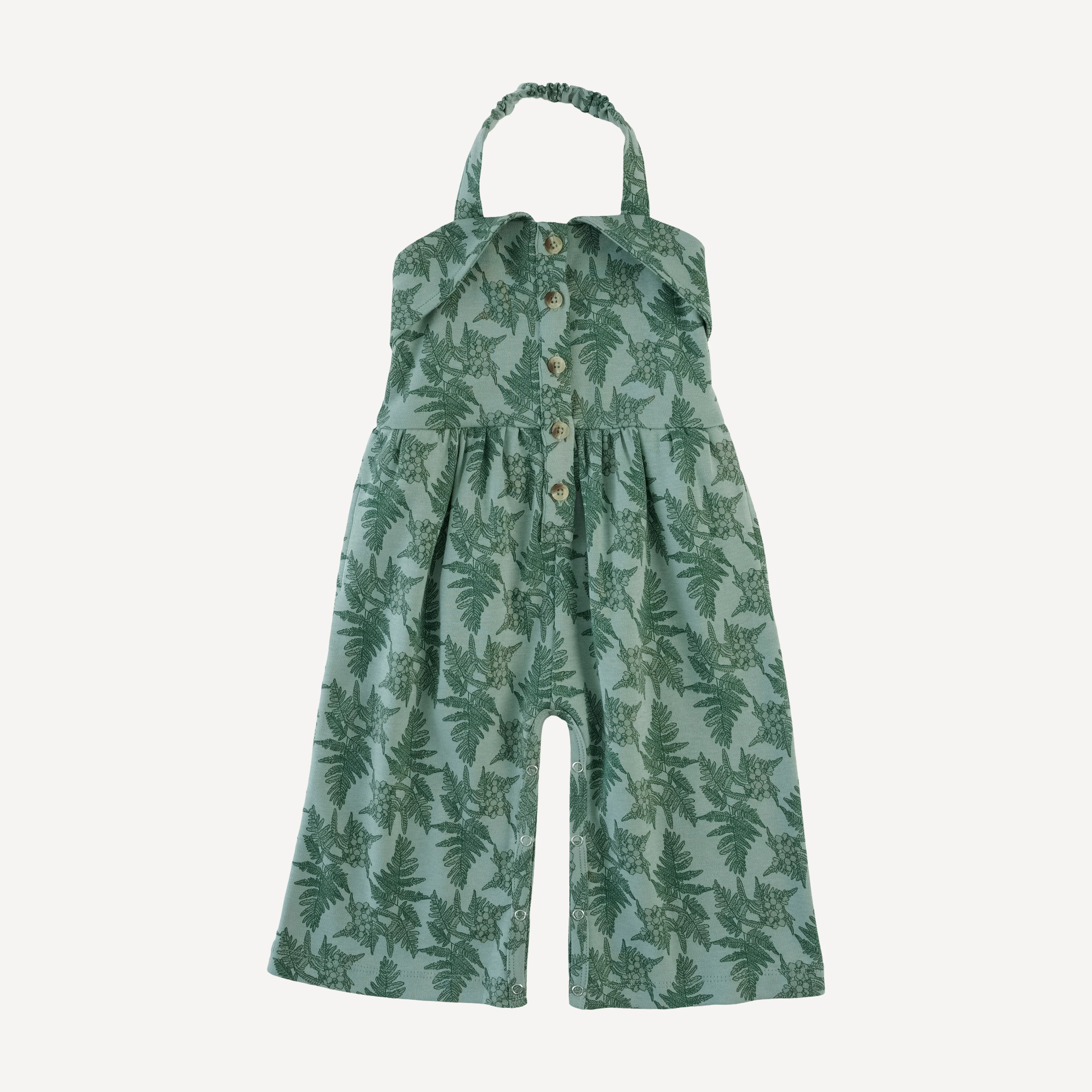 folded collar halter gaucho jumpsuit | fern floral | organic cotton interlock