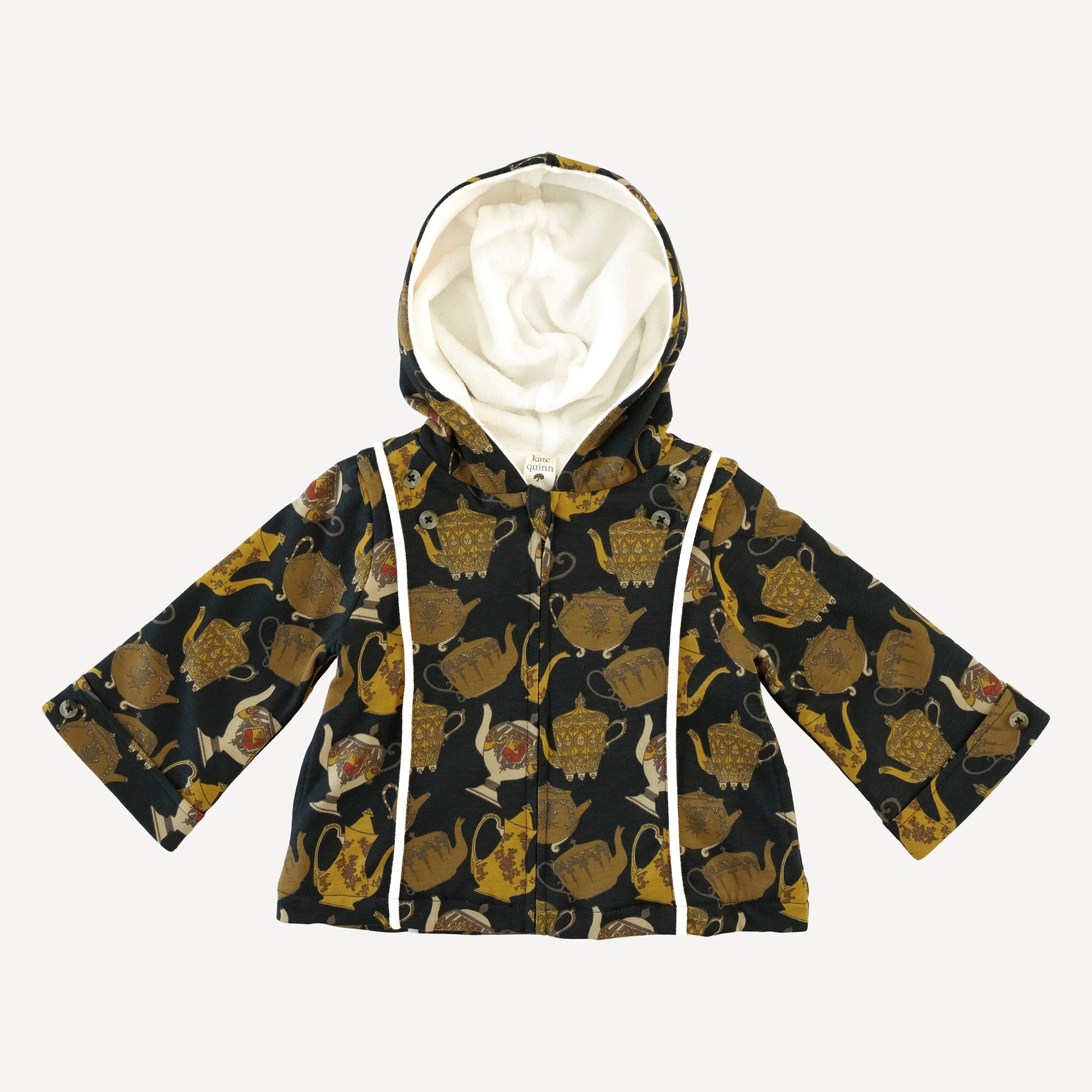 hooded princess lined cardigan | gold teapots | organic cotton jersey
