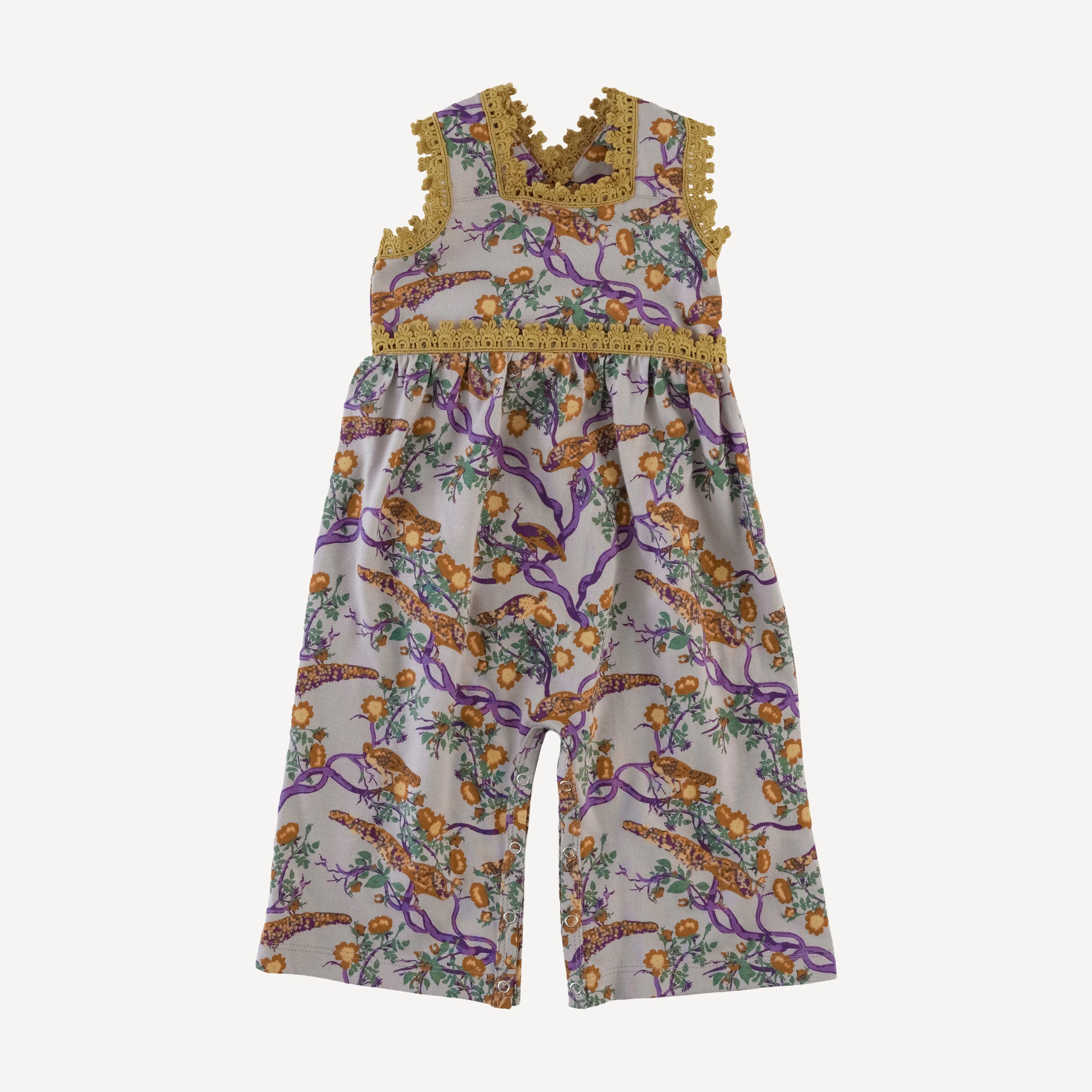 laced gaucho jumpsuit | chinoiserie peacock | organic cotton jersey