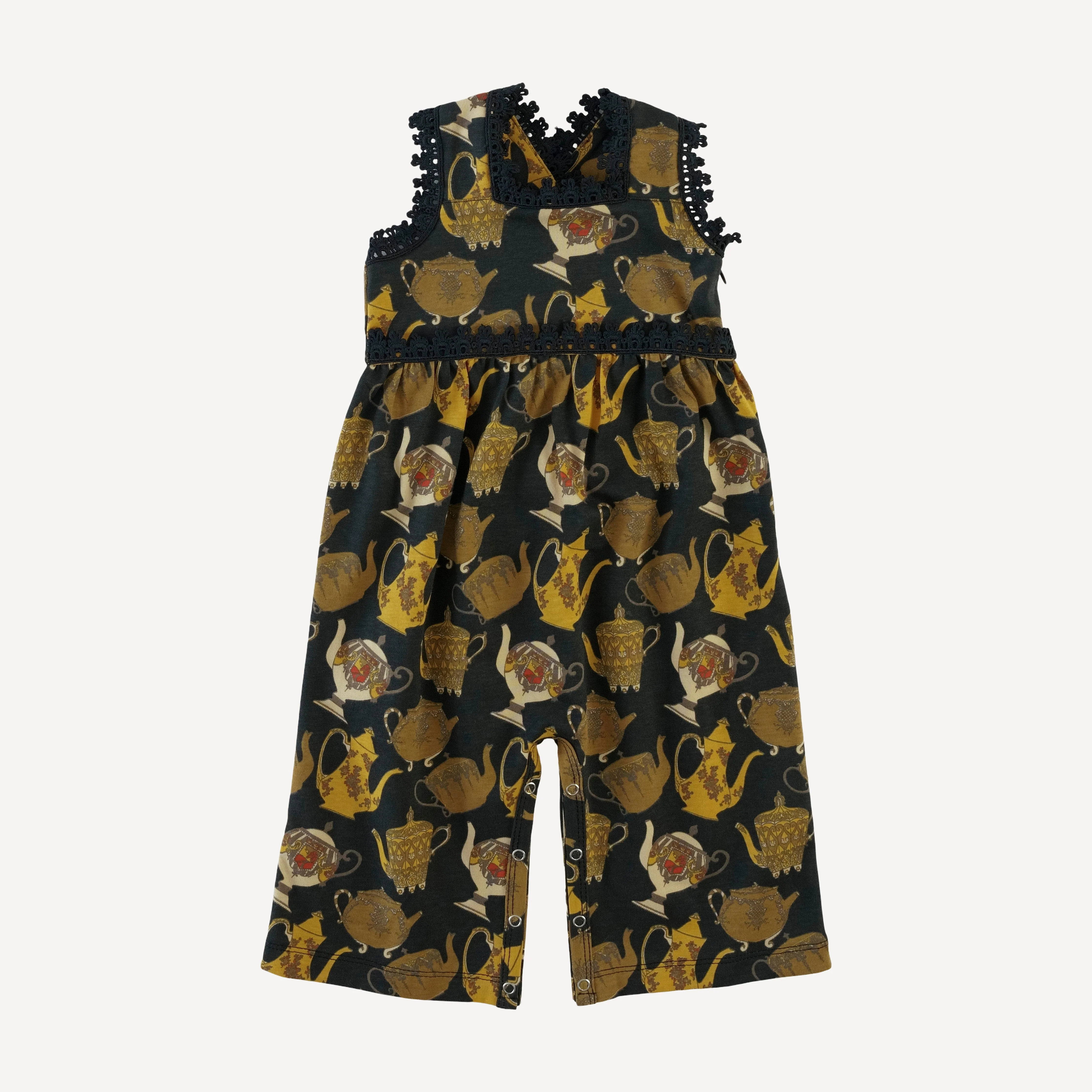 laced gaucho jumpsuit | gold teapots | organic cotton jersey