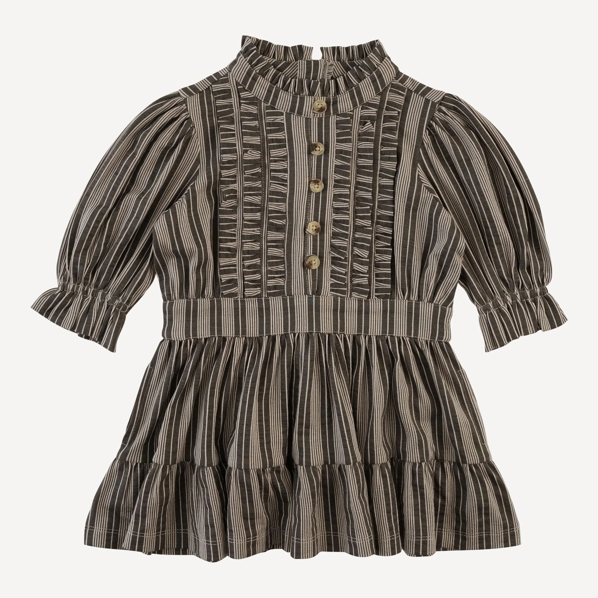 long puff sleeve short tier dress | gray vintage mattress stripe | bamboo
