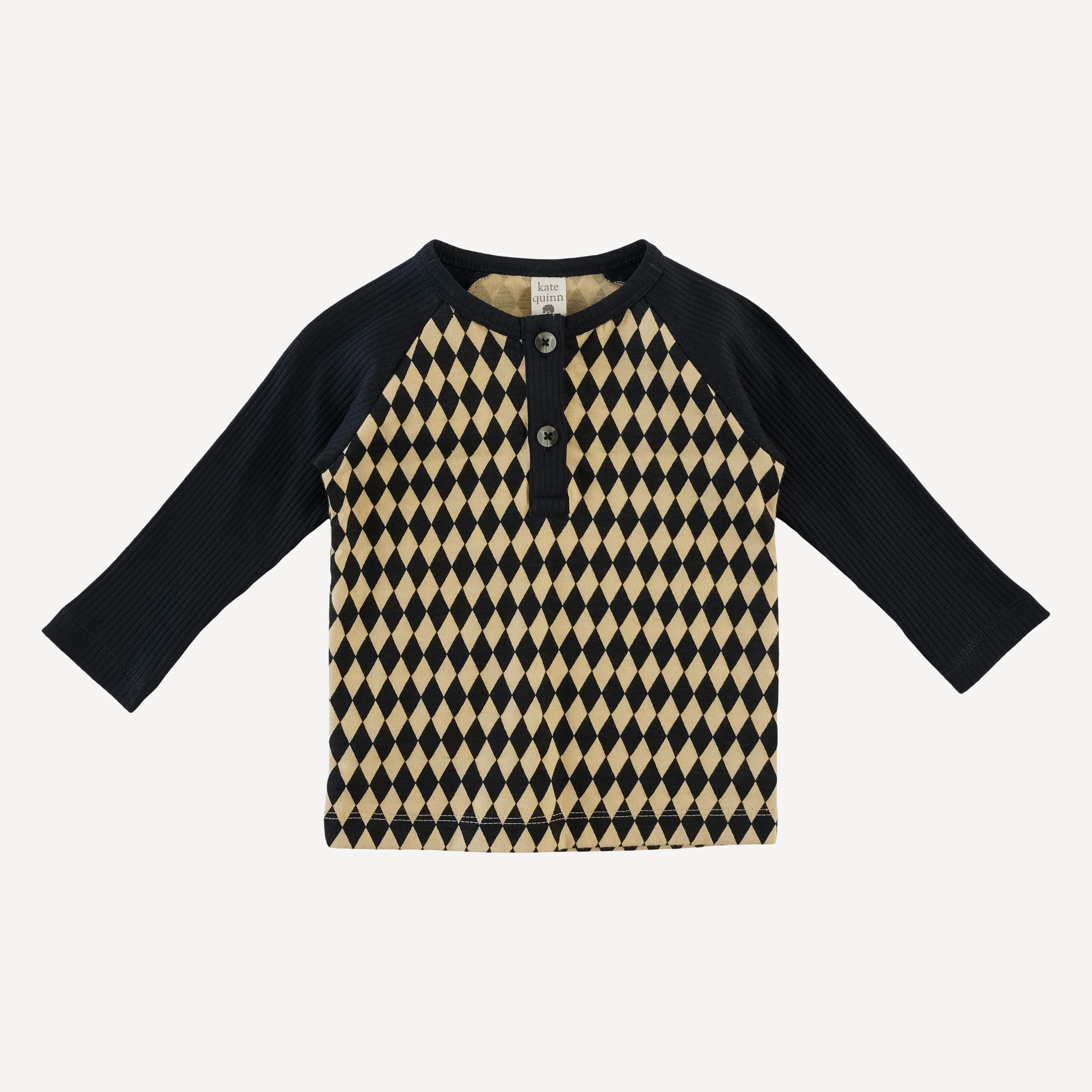 long sleeve baseball henley tee | black harlequin | organic cotton jersey