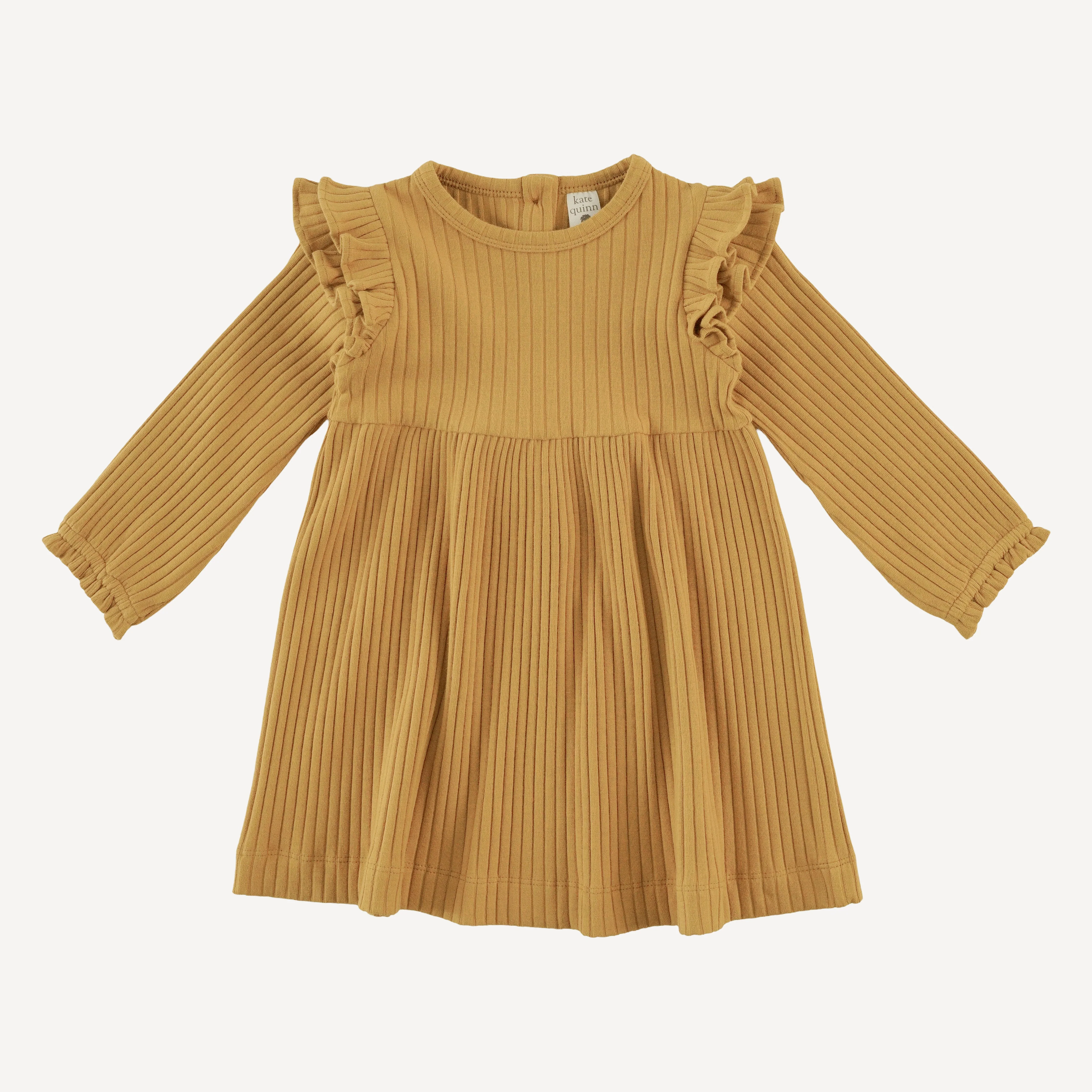 long sleeve double ruffle dress | honey mustard | organic cotton wide rib
