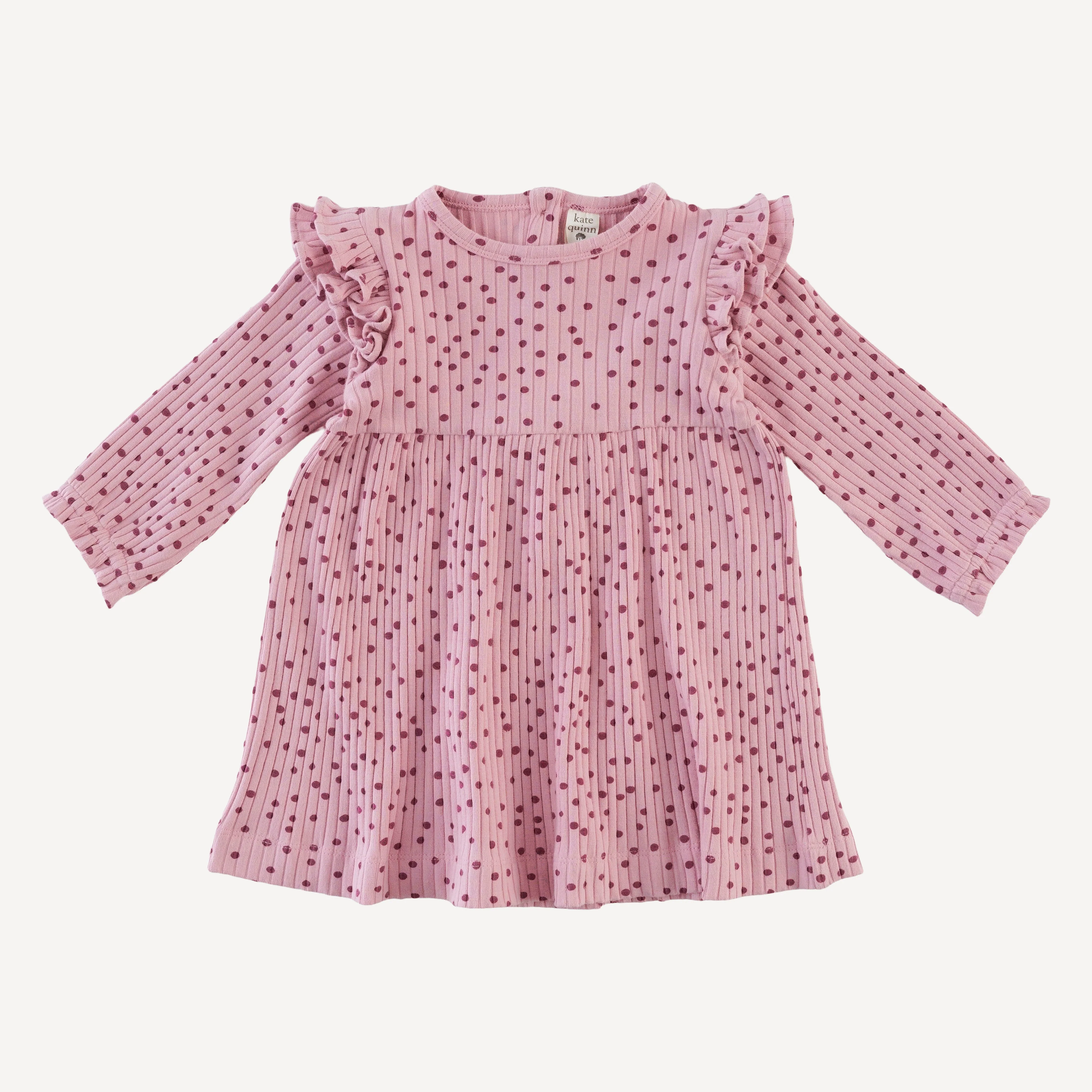 long sleeve double ruffle dress | mauve dot | organic cotton wide rib