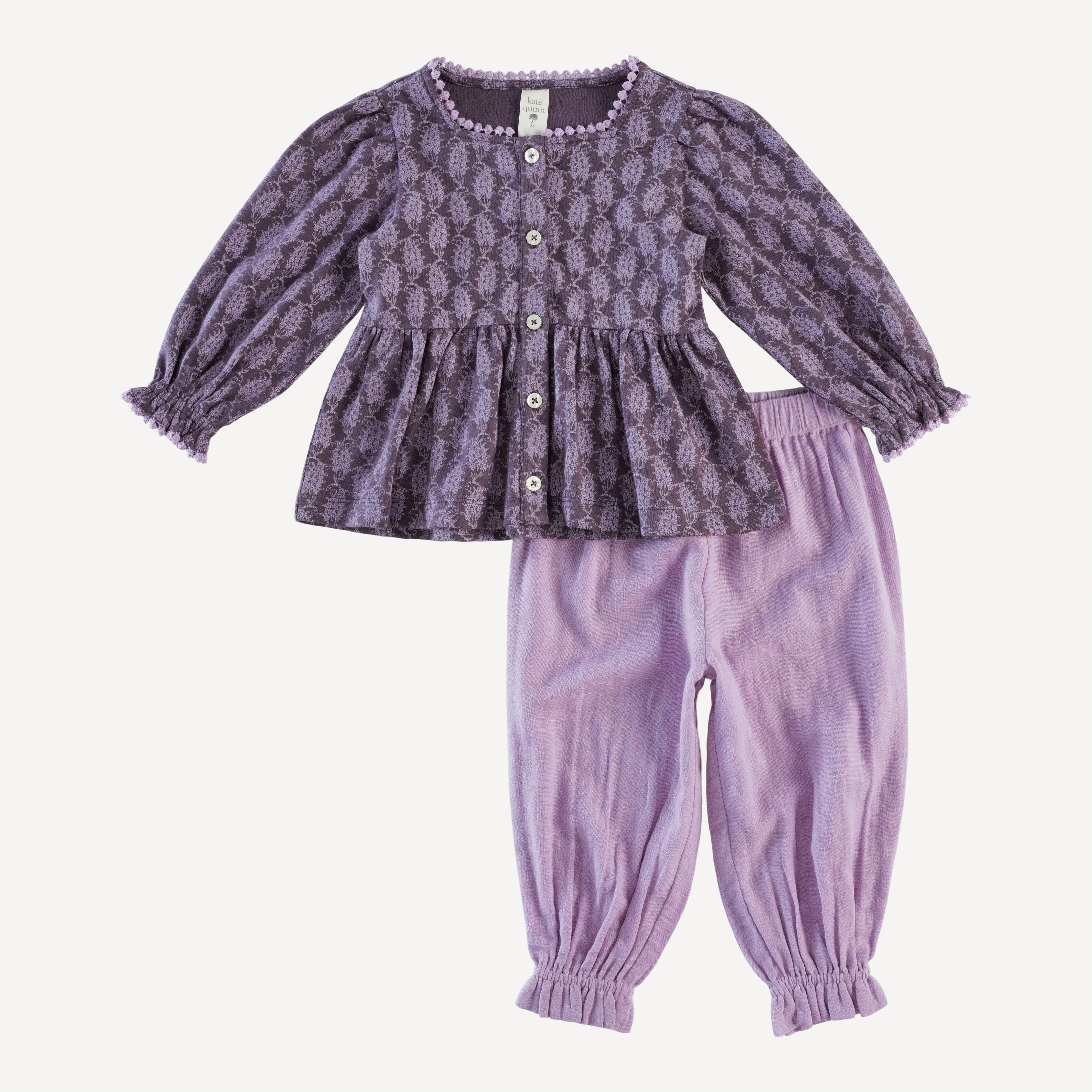 long sleeve gathered waist pom pom top and gathered pant set | purple woodland paisley | organic cotton