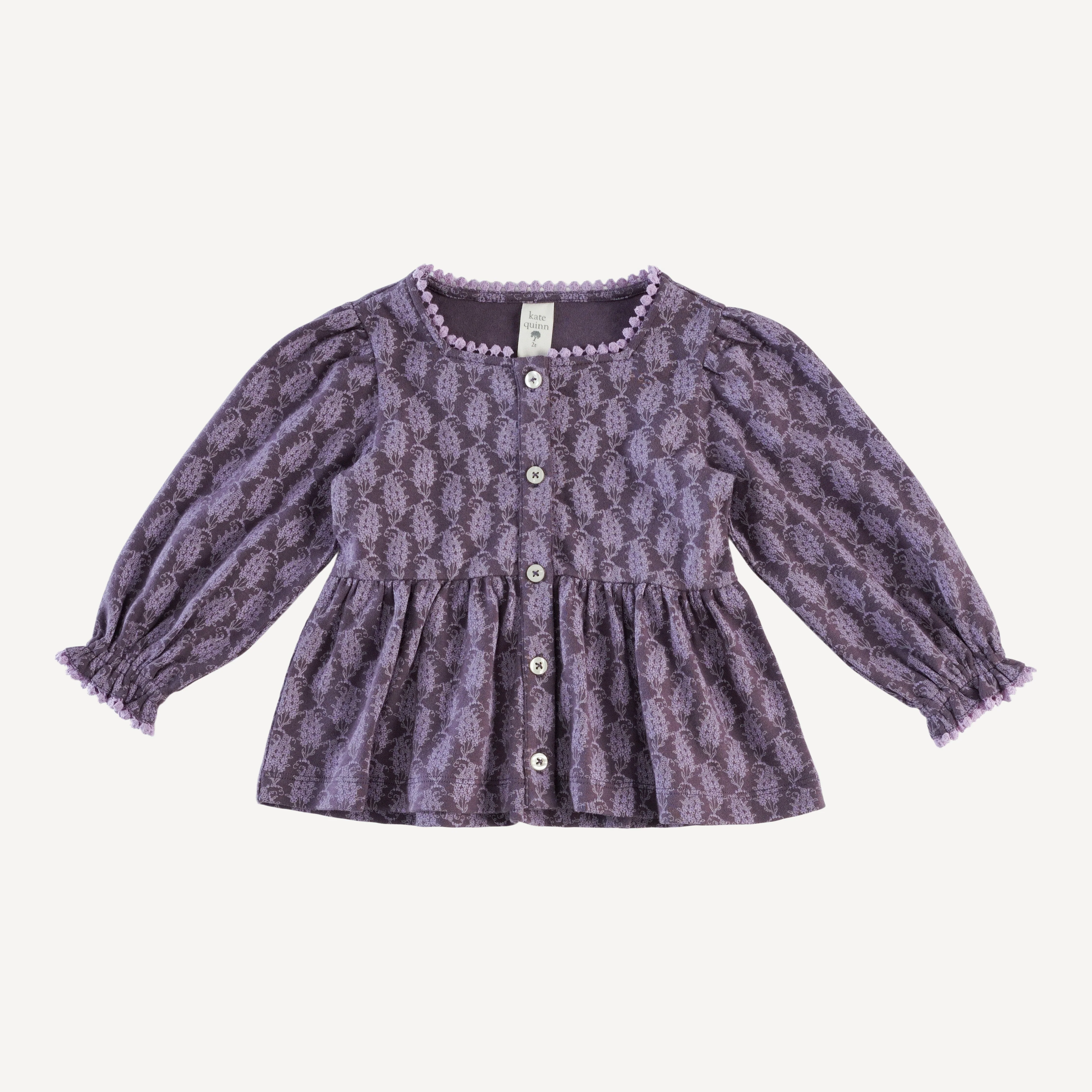 long sleeve gathered waist pom pom top and gathered pant set | purple woodland paisley | organic cotton - Image 3