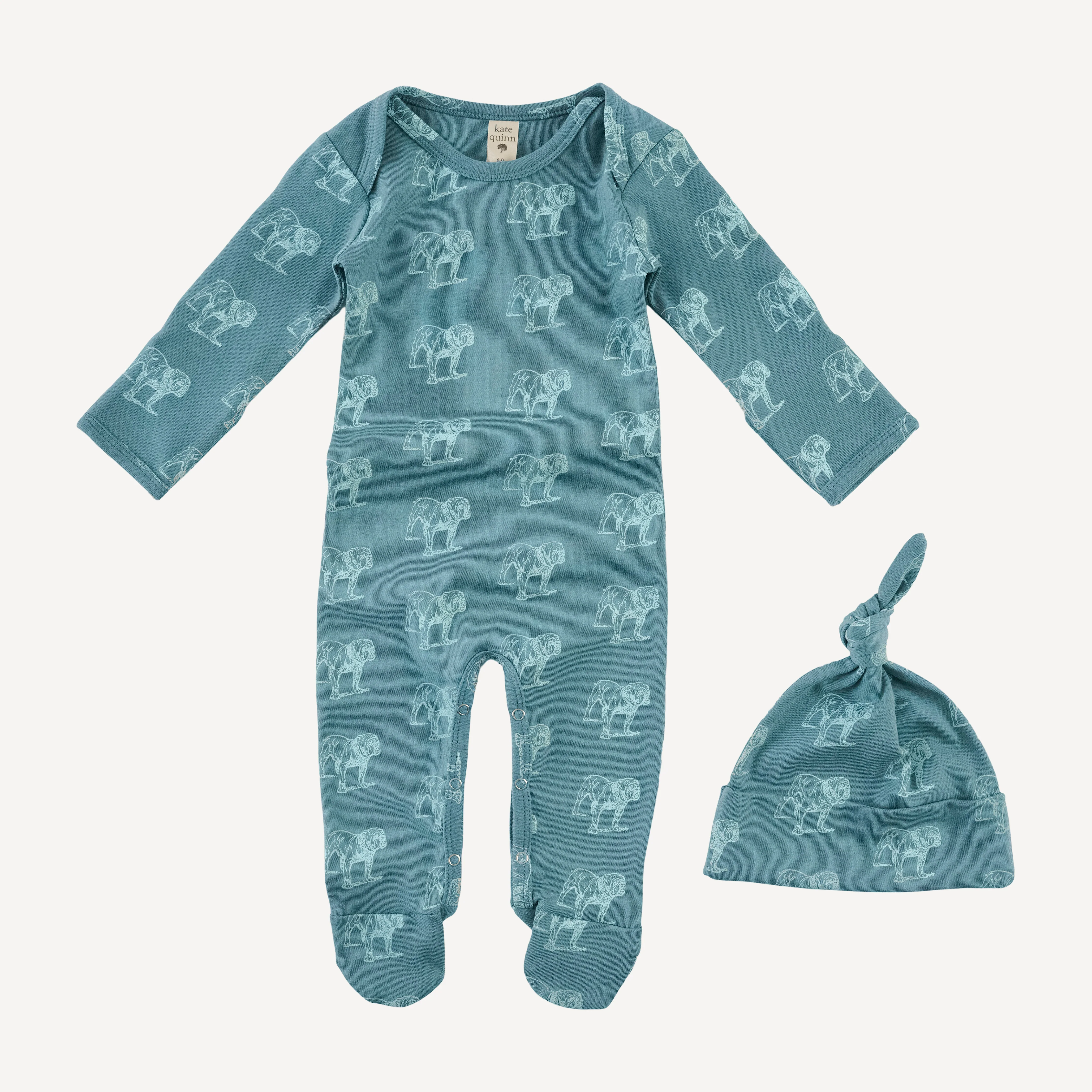 long sleeve lap neck footie + knot hat set | blue bulldog | organic cotton interlock