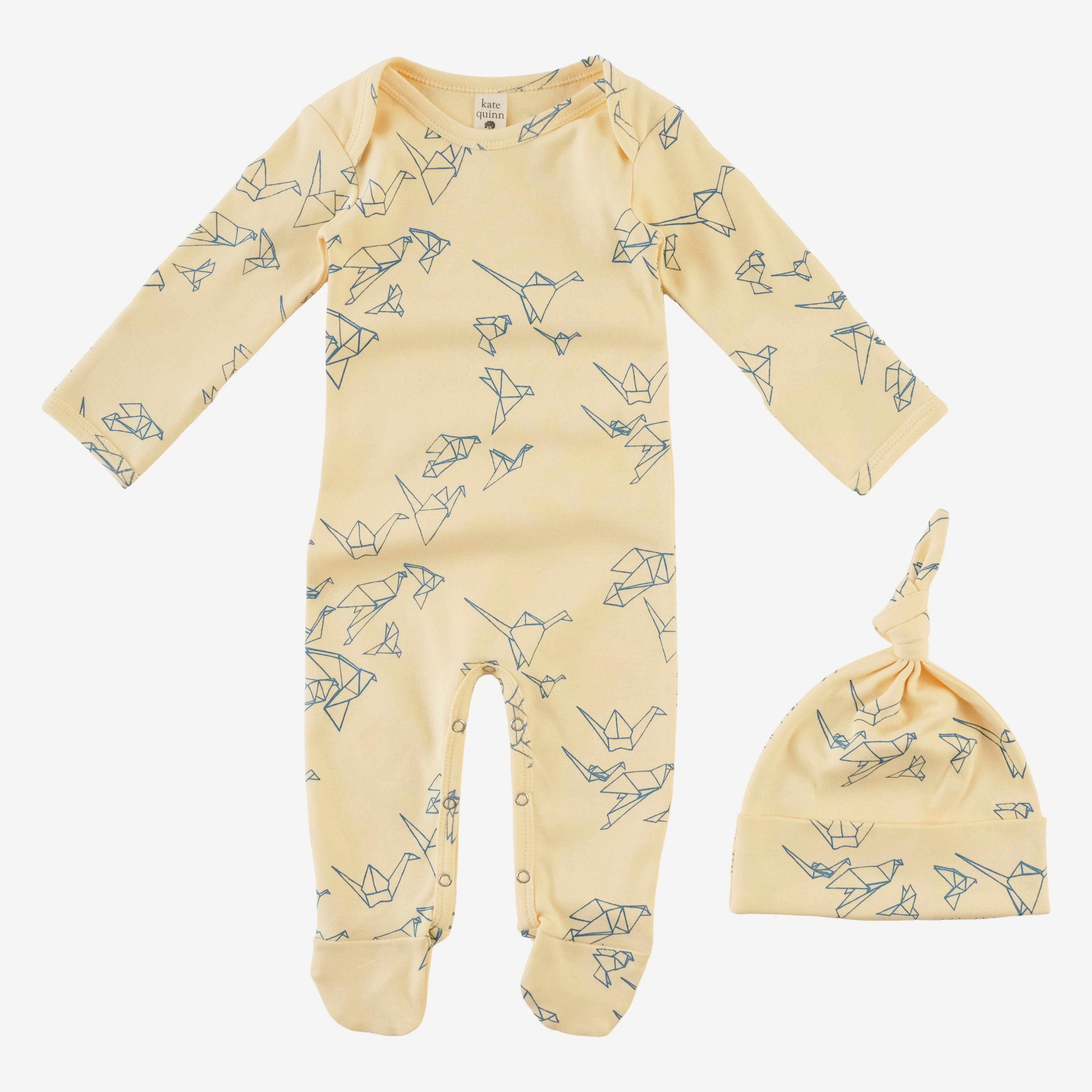 long sleeve lap neck footie + knot hat set | paper cranes | organic cotton interlock