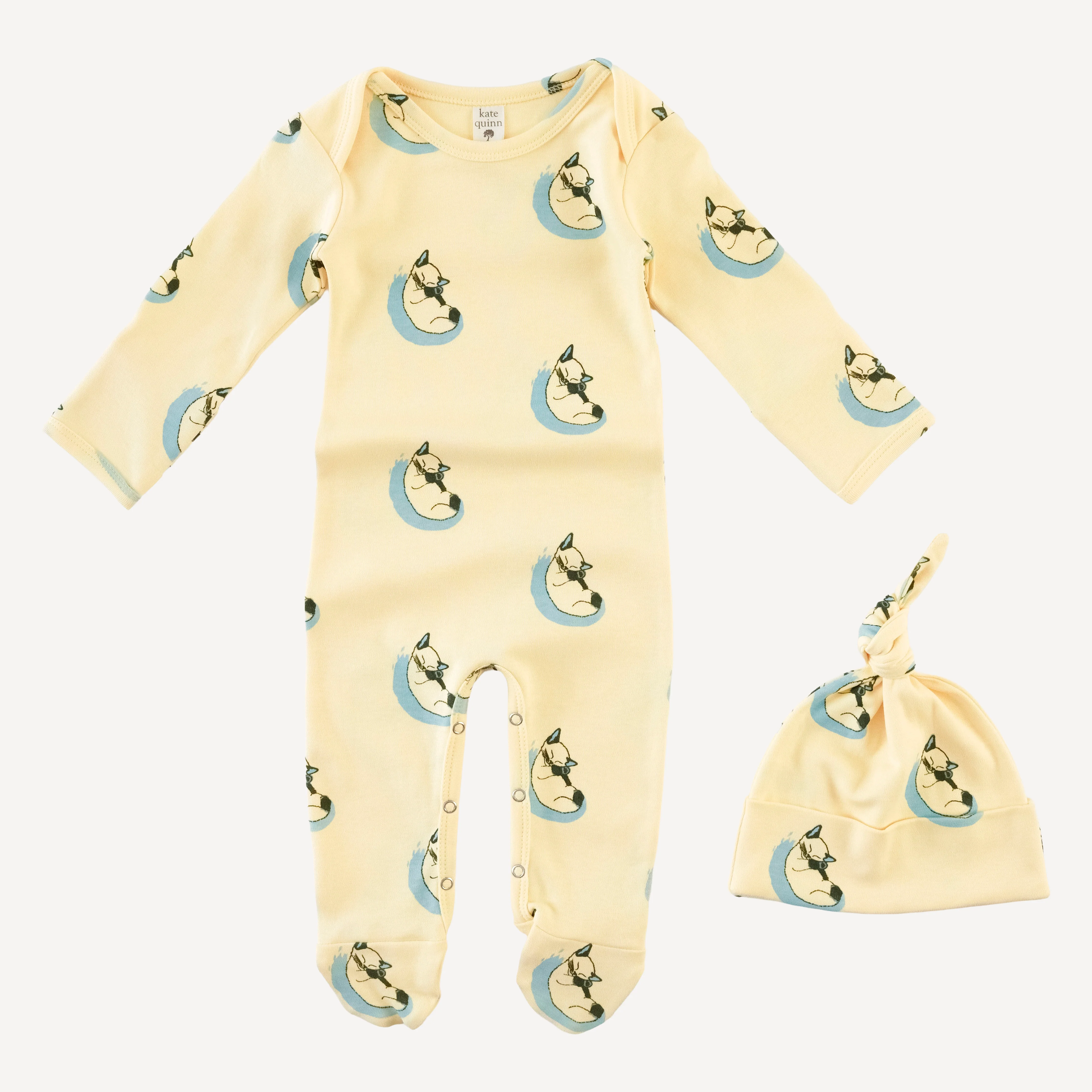 long sleeve lap neck footie + knot hat set | siamese cats | organic cotton interlock - Image 3
