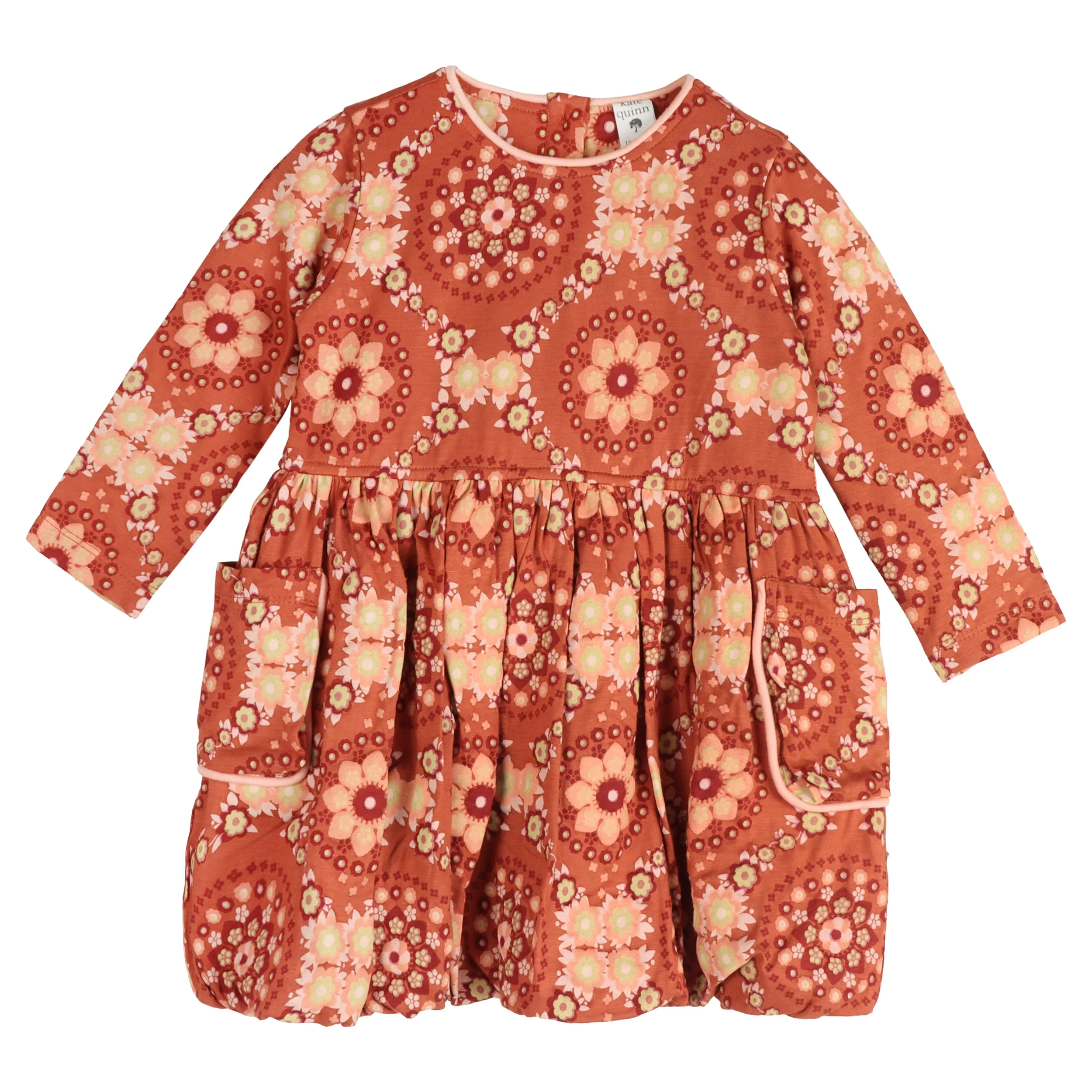 long sleeve piped cargo pocket dress | 70s floral wallpaper | bamboo