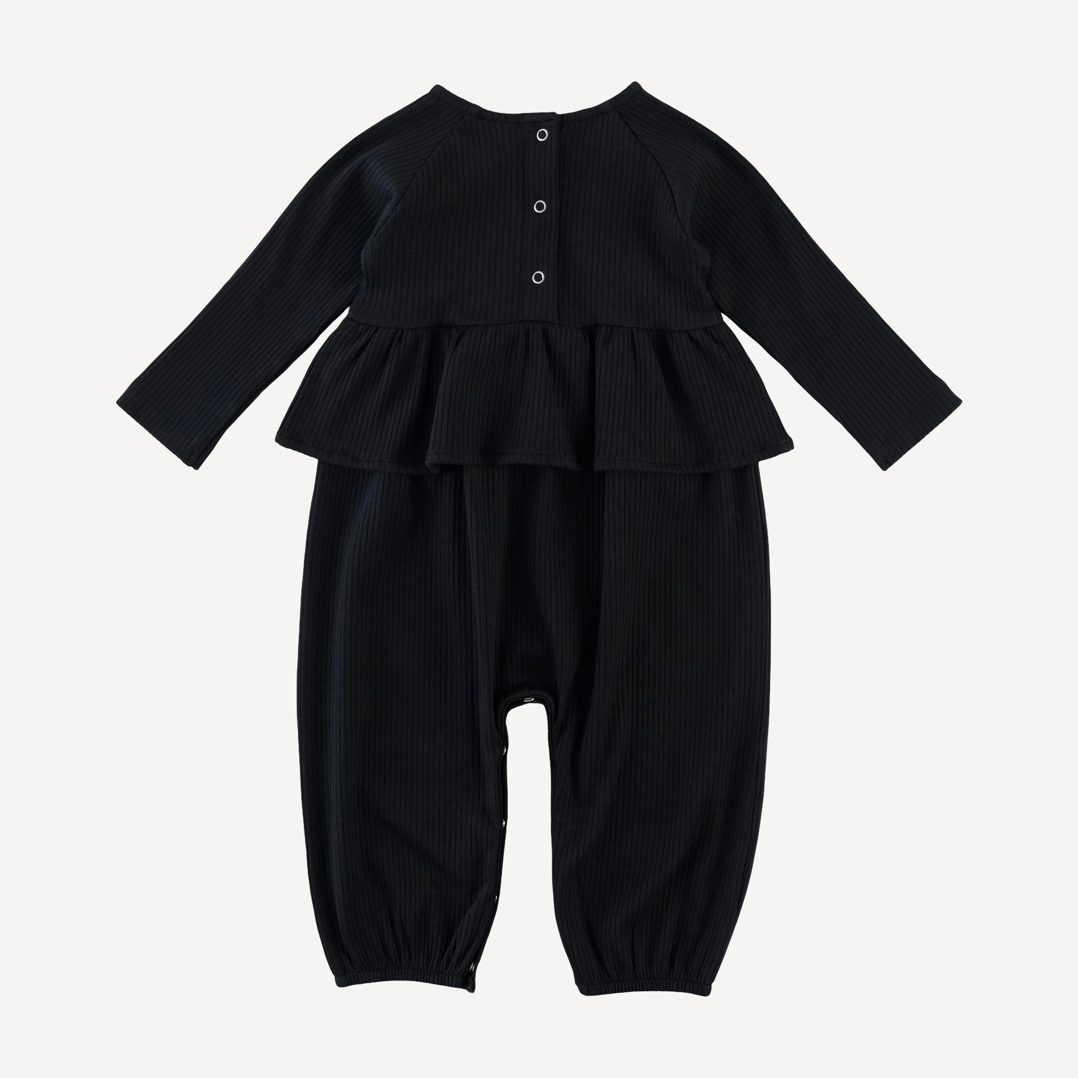 long sleeve ruffle romper | black | organic cotton single rib - Image 3