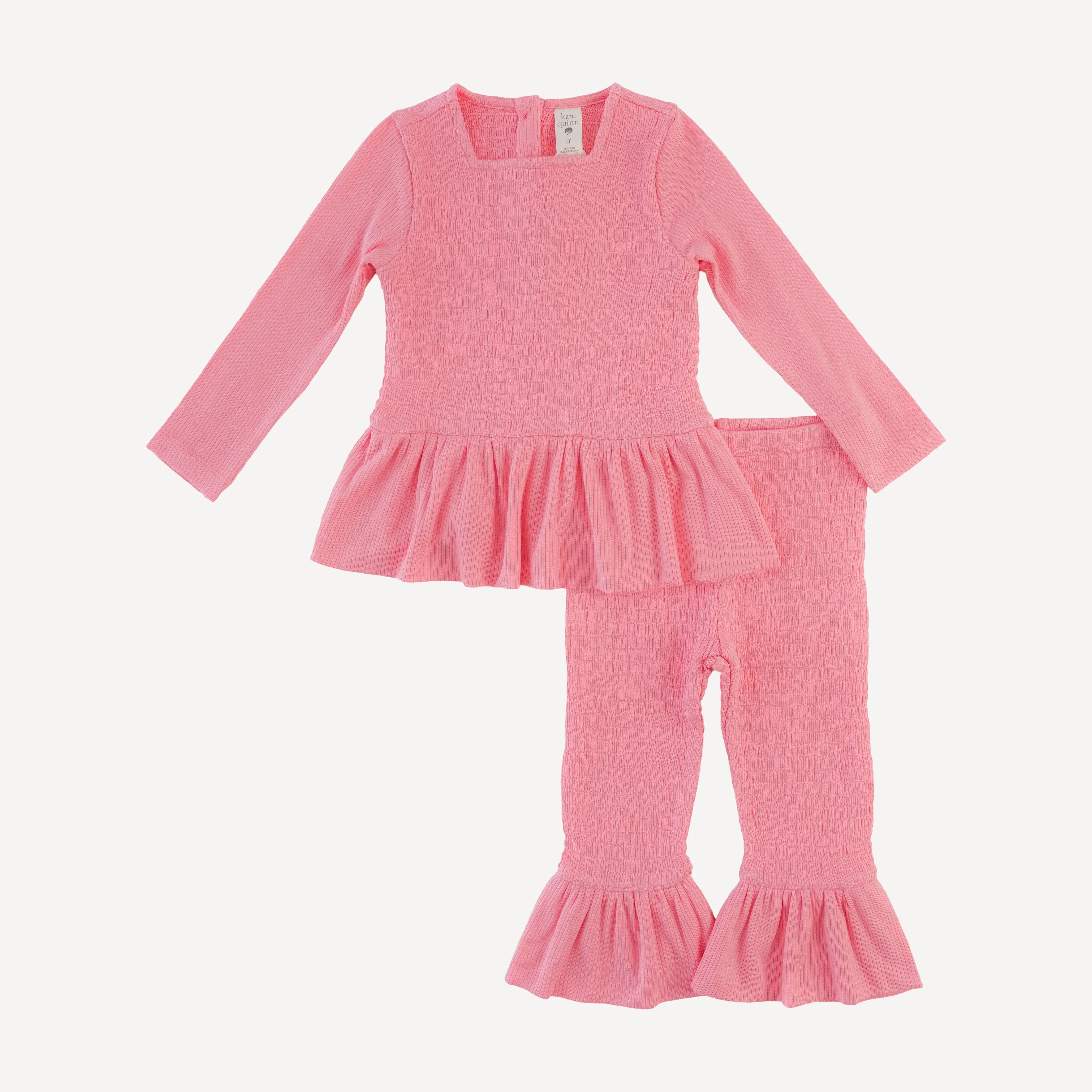 long sleeve smocked ruffle top + pant set | french pink | modal skinny rib