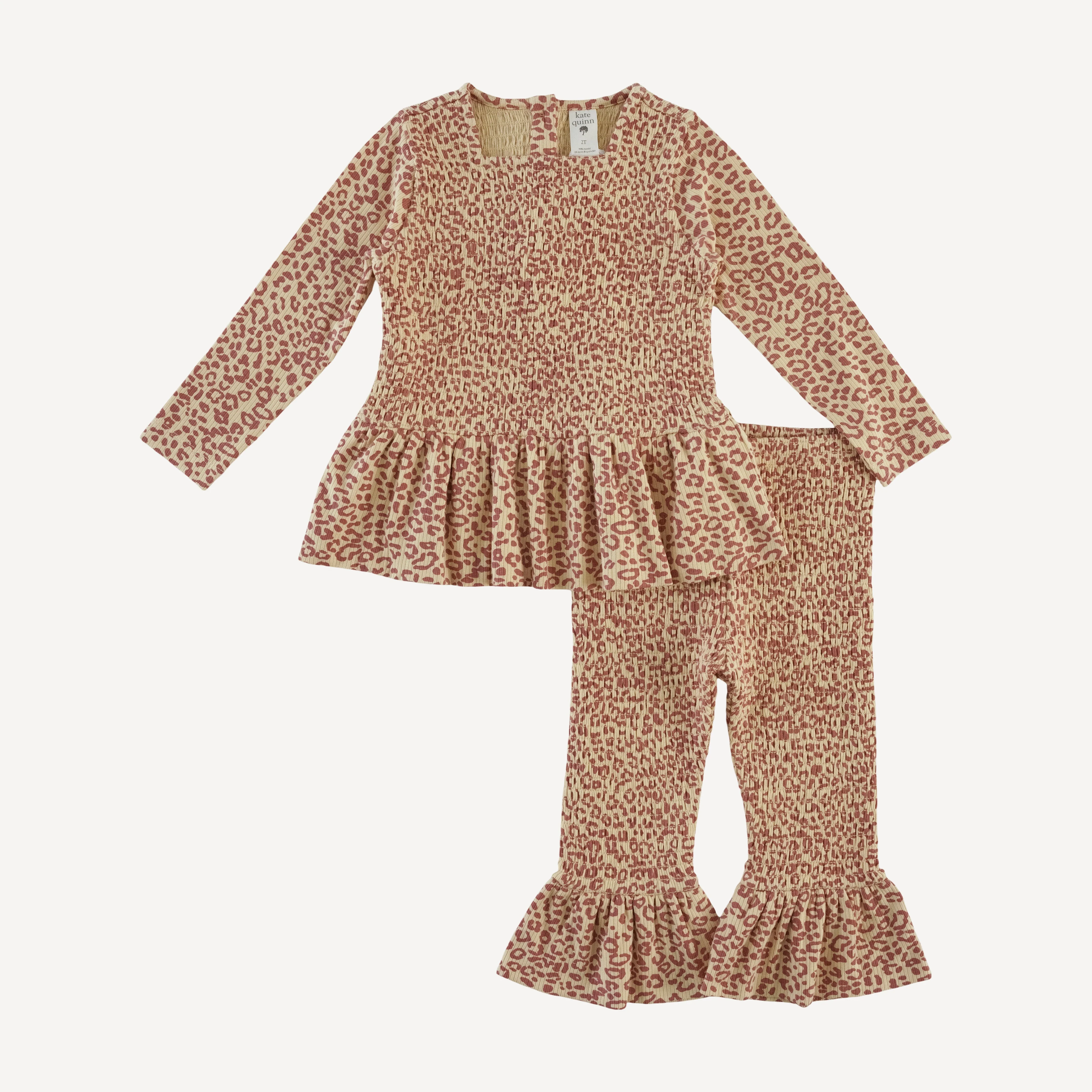 long sleeve smocked ruffle top + pant set | leopard print | modal skinny rib