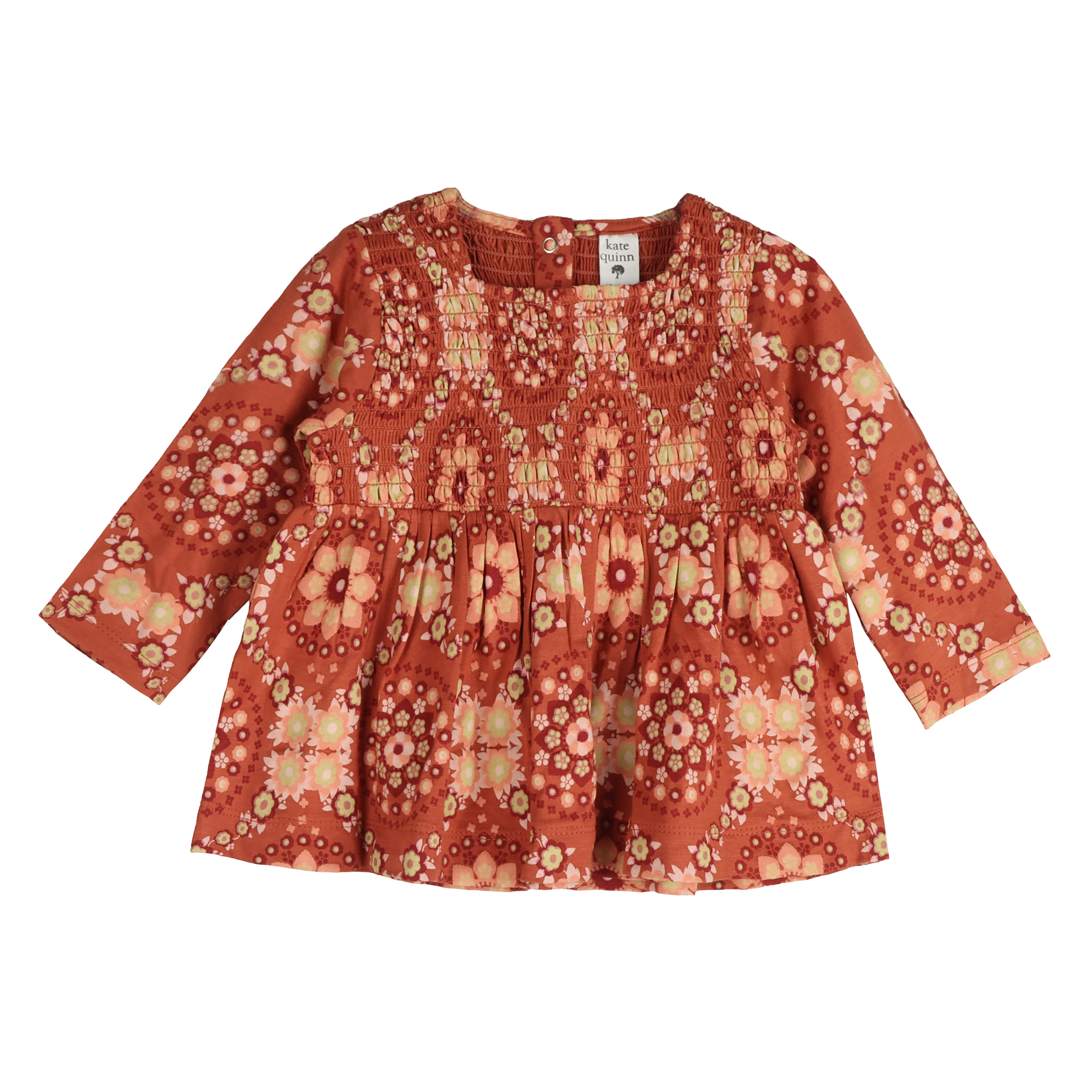 long sleeve square neck smocked top | 70s floral wallpaper | bamboo