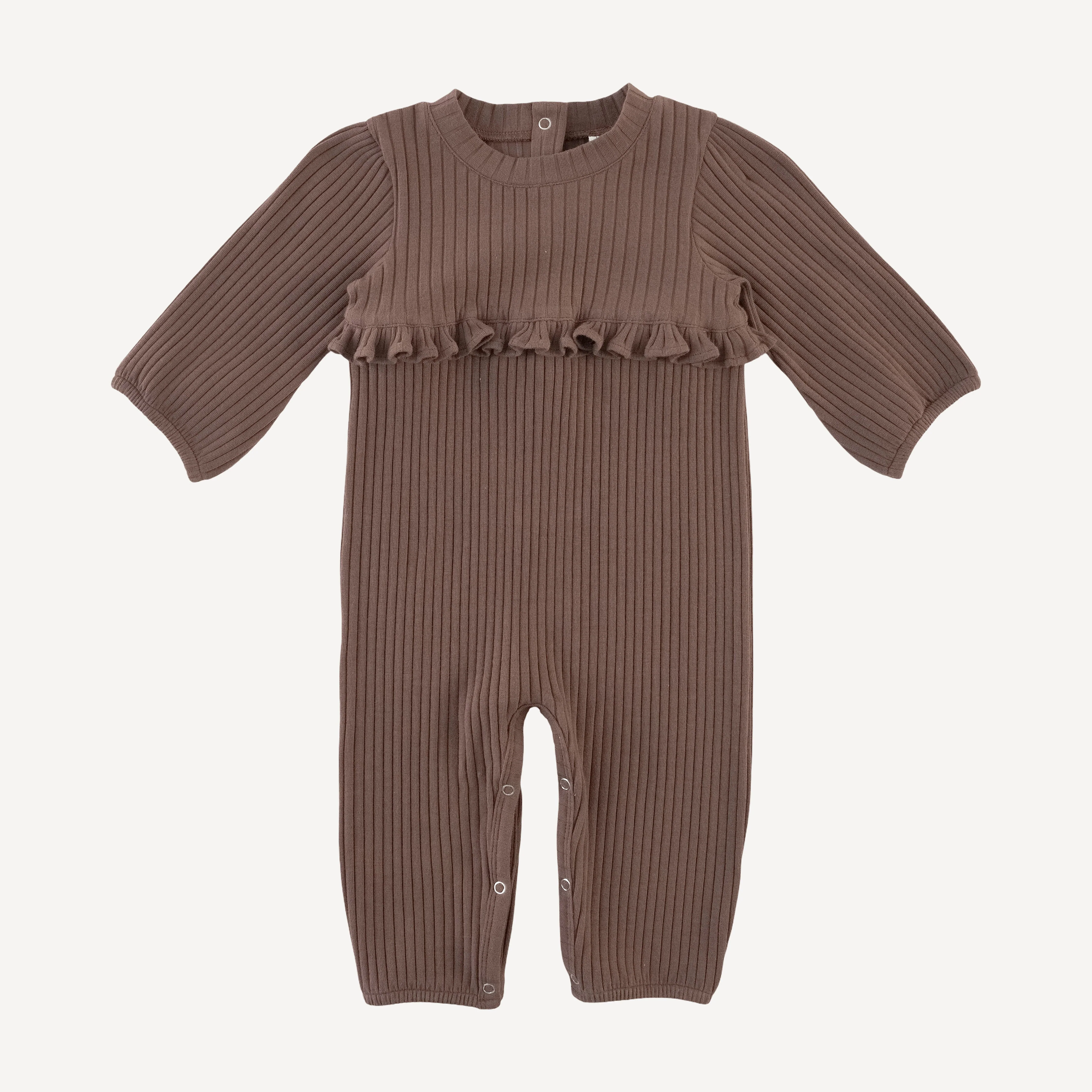 long sleeve tiny ruffle waist jumpsuit | spiced chocolate | organic cotton wide rib