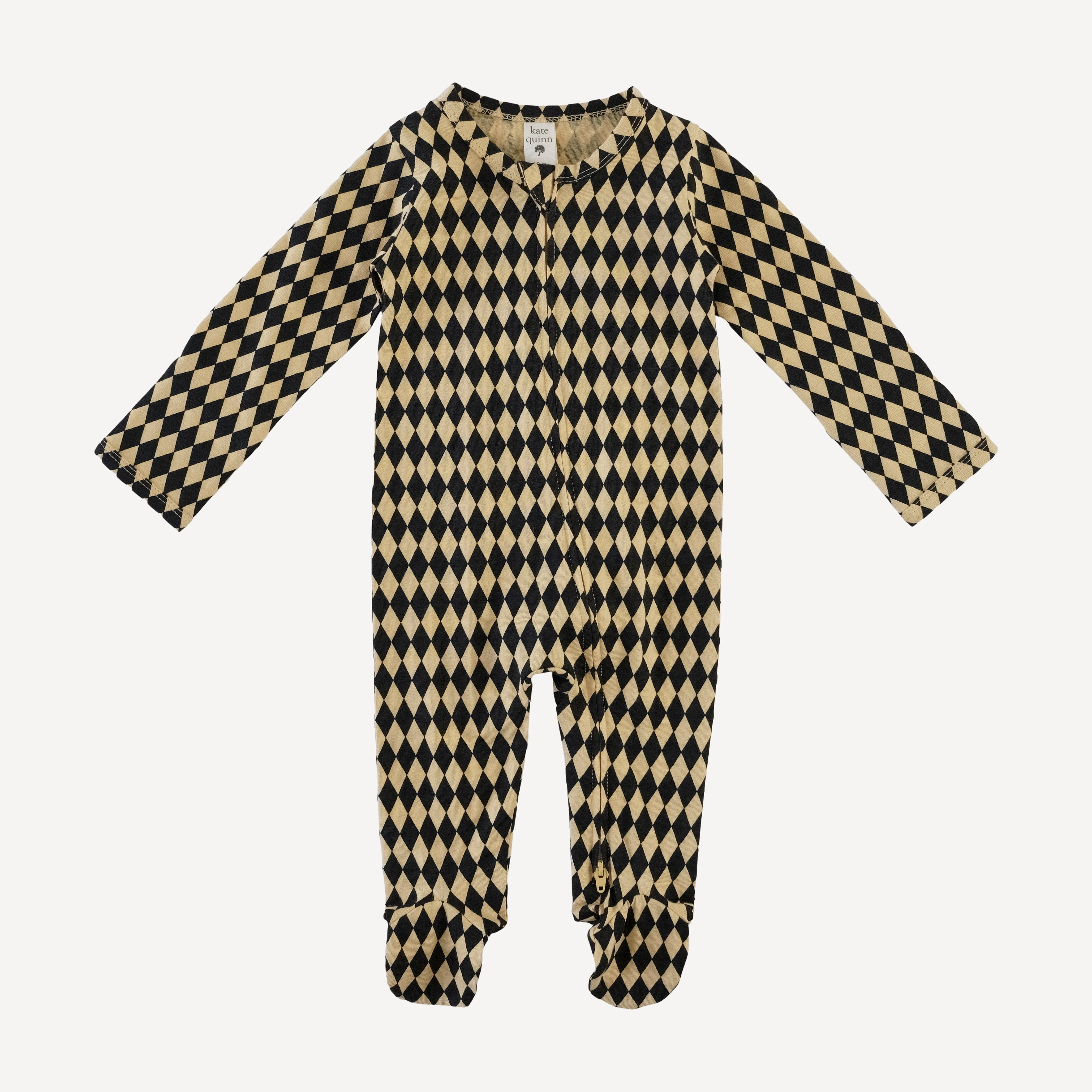 long sleeve two way zipper footie | black harlequin | organic cotton jersey
