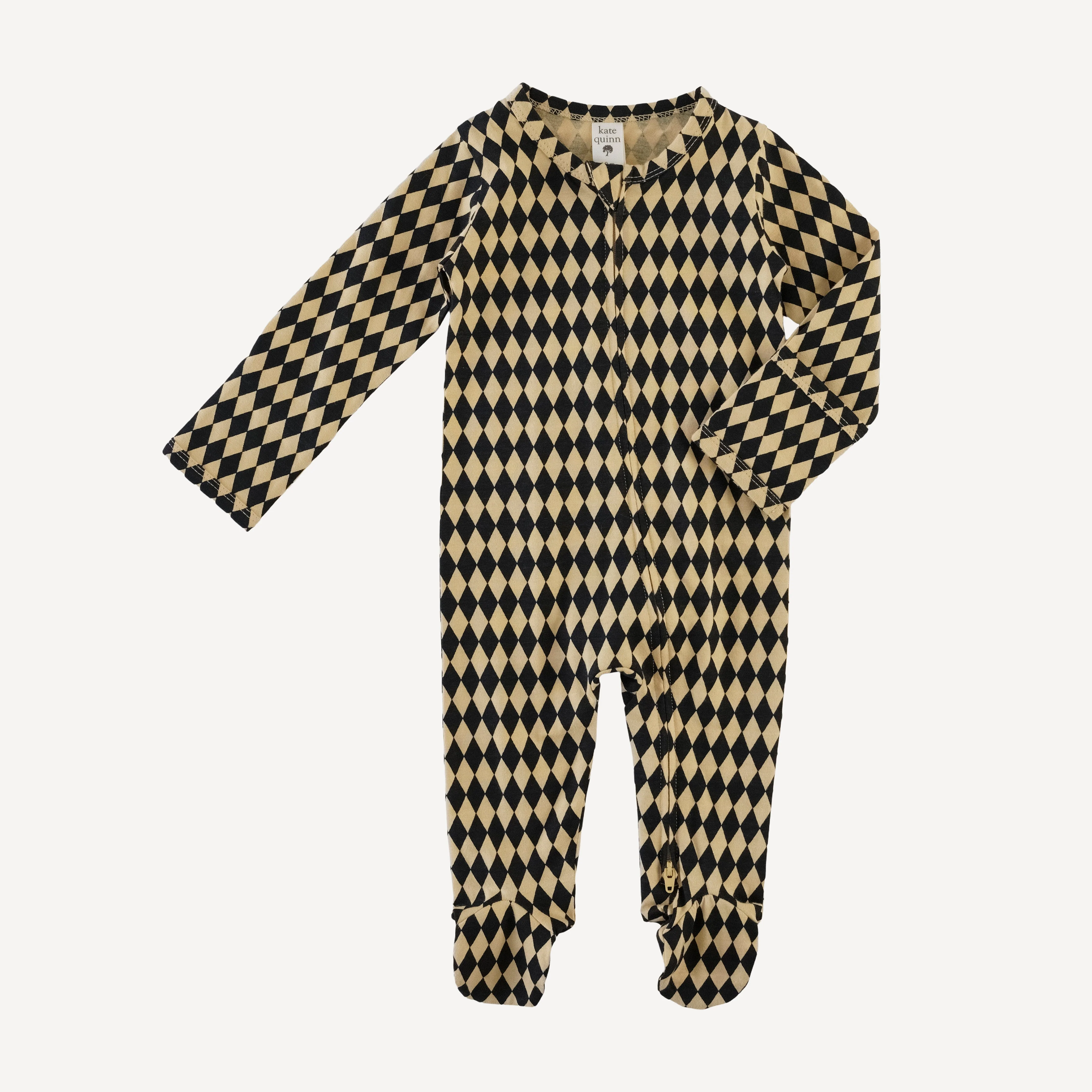 long sleeve two way zipper footie | black harlequin | organic cotton jersey - Image 3