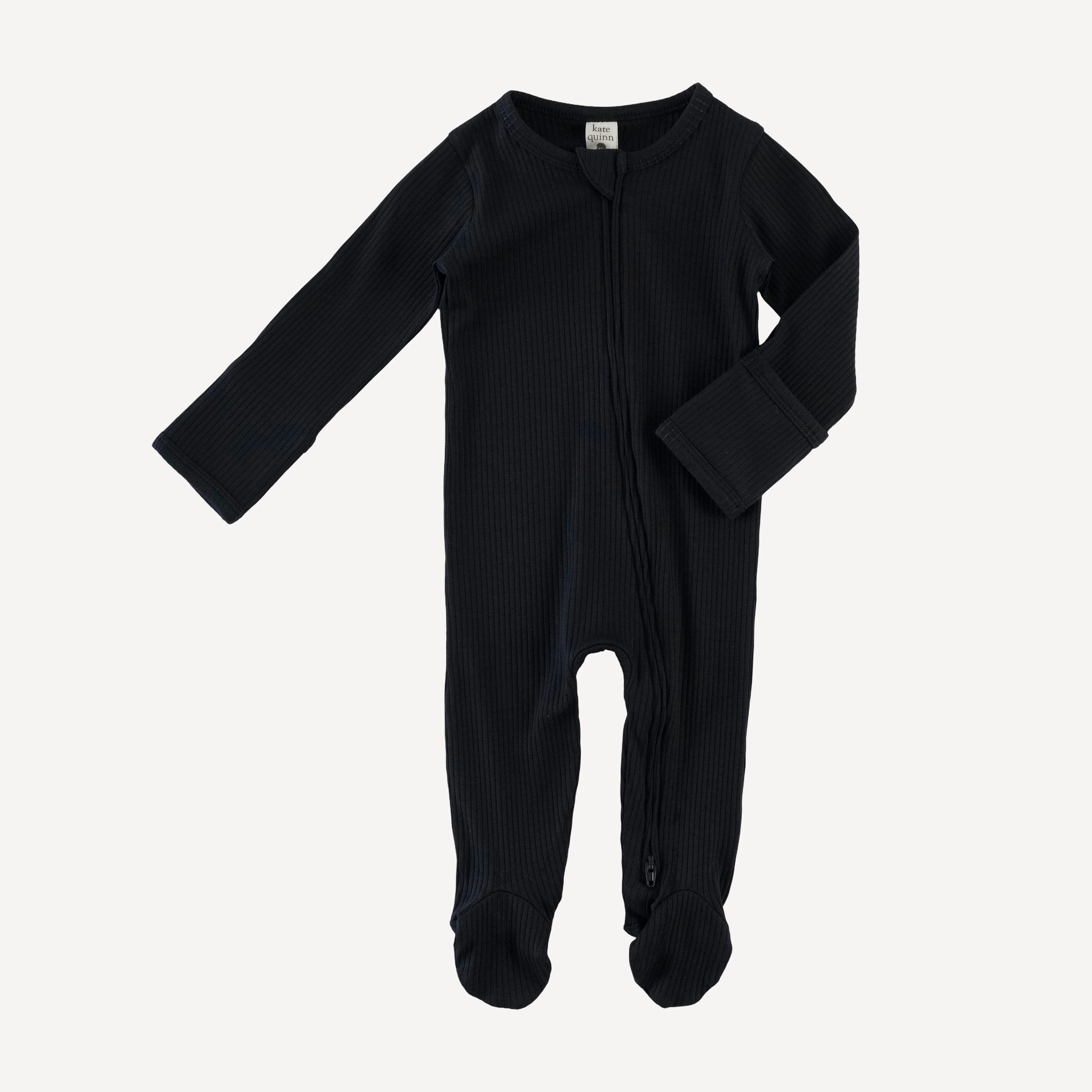 long sleeve two way zipper footie | black | organic cotton single rib - Image 3