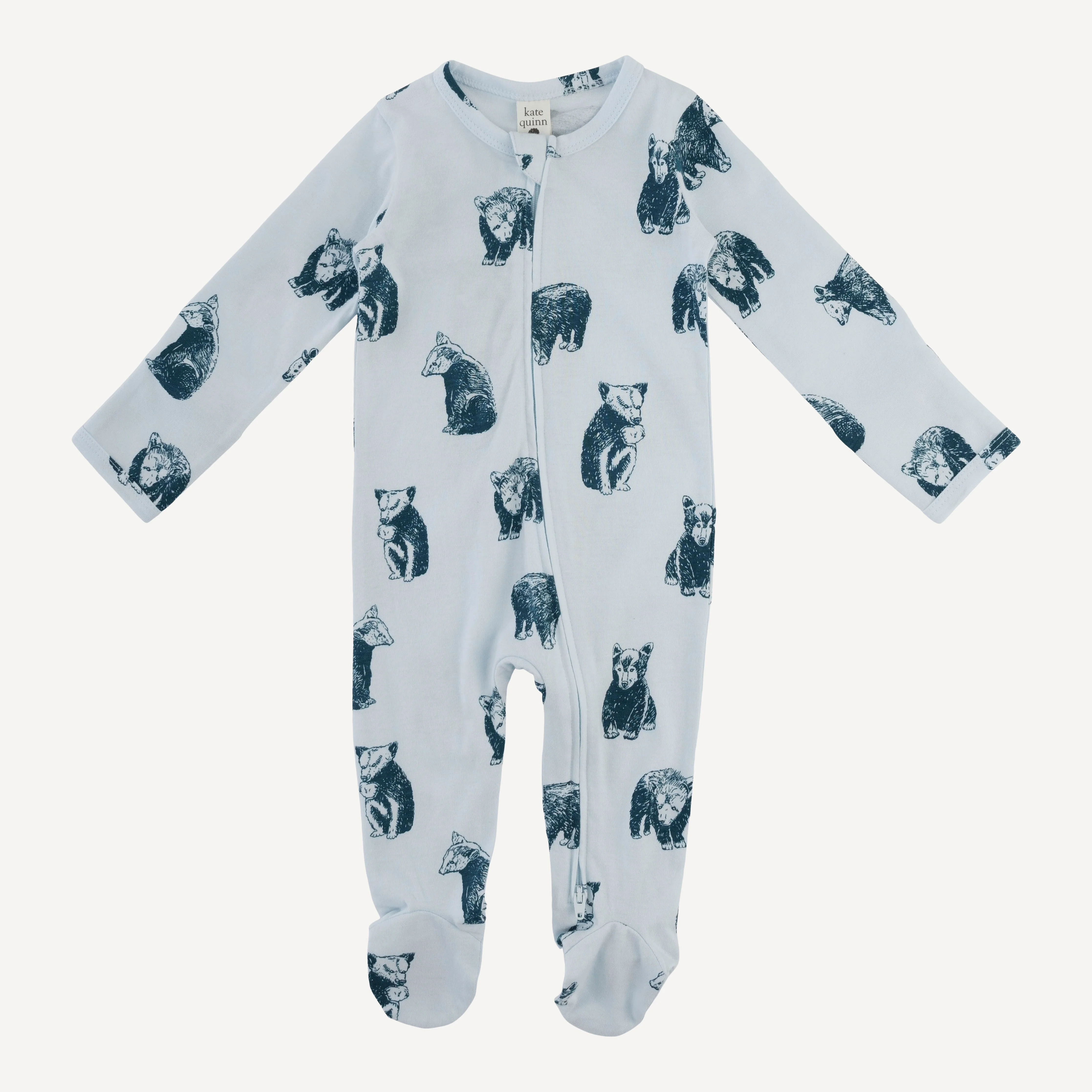 long sleeve two way zipper footie | blue bear cubs | organic cotton jersey