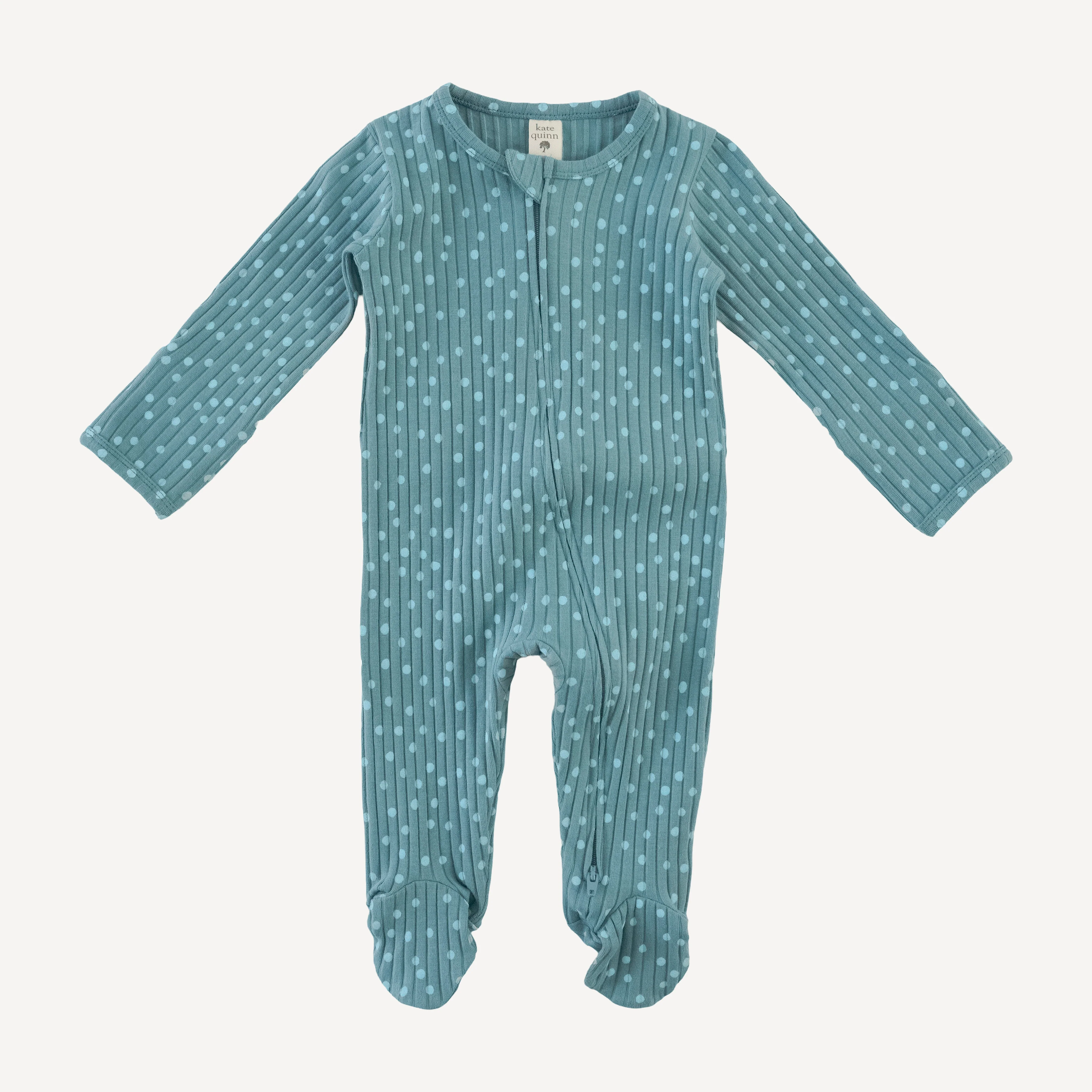 long sleeve two way zipper footie | blue dot | organic cotton wide rib