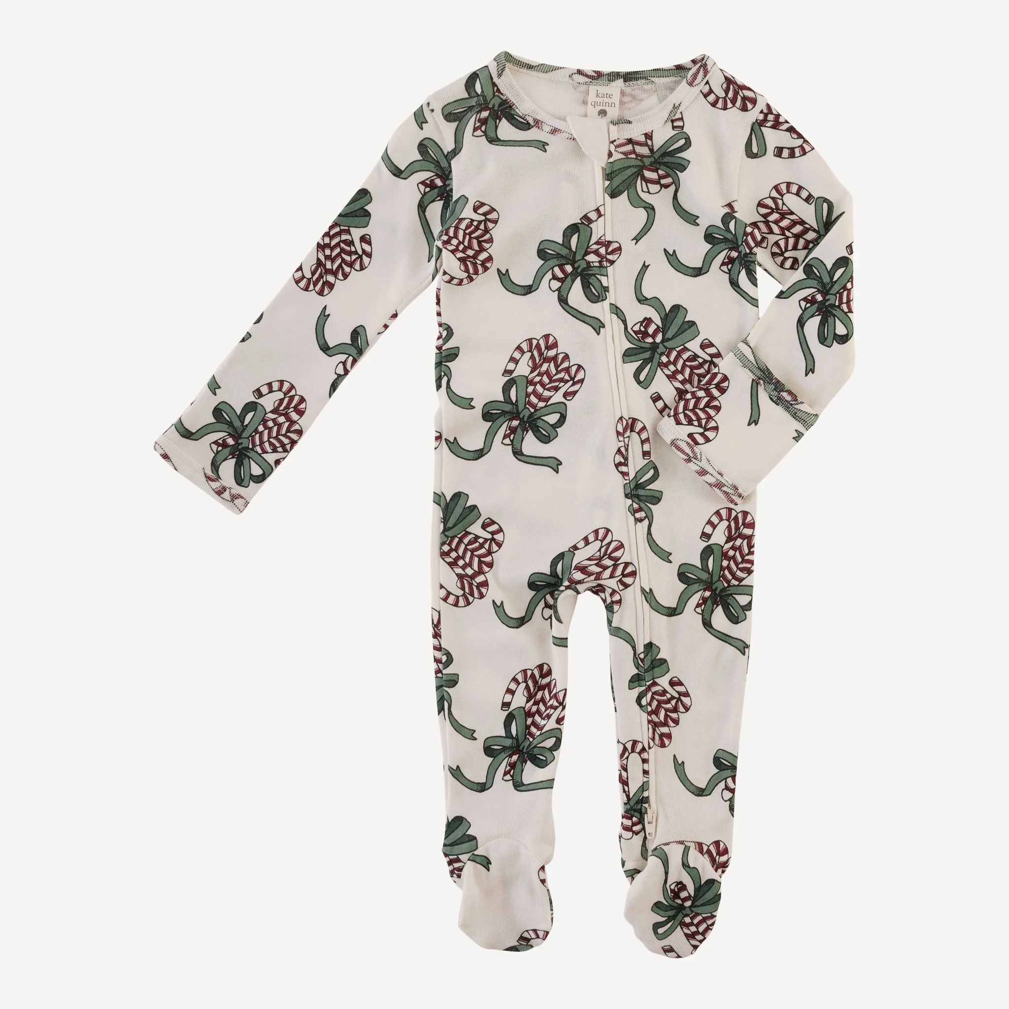 long sleeve two way zipper footie | candy canes | organic cotton flat rib - Image 3