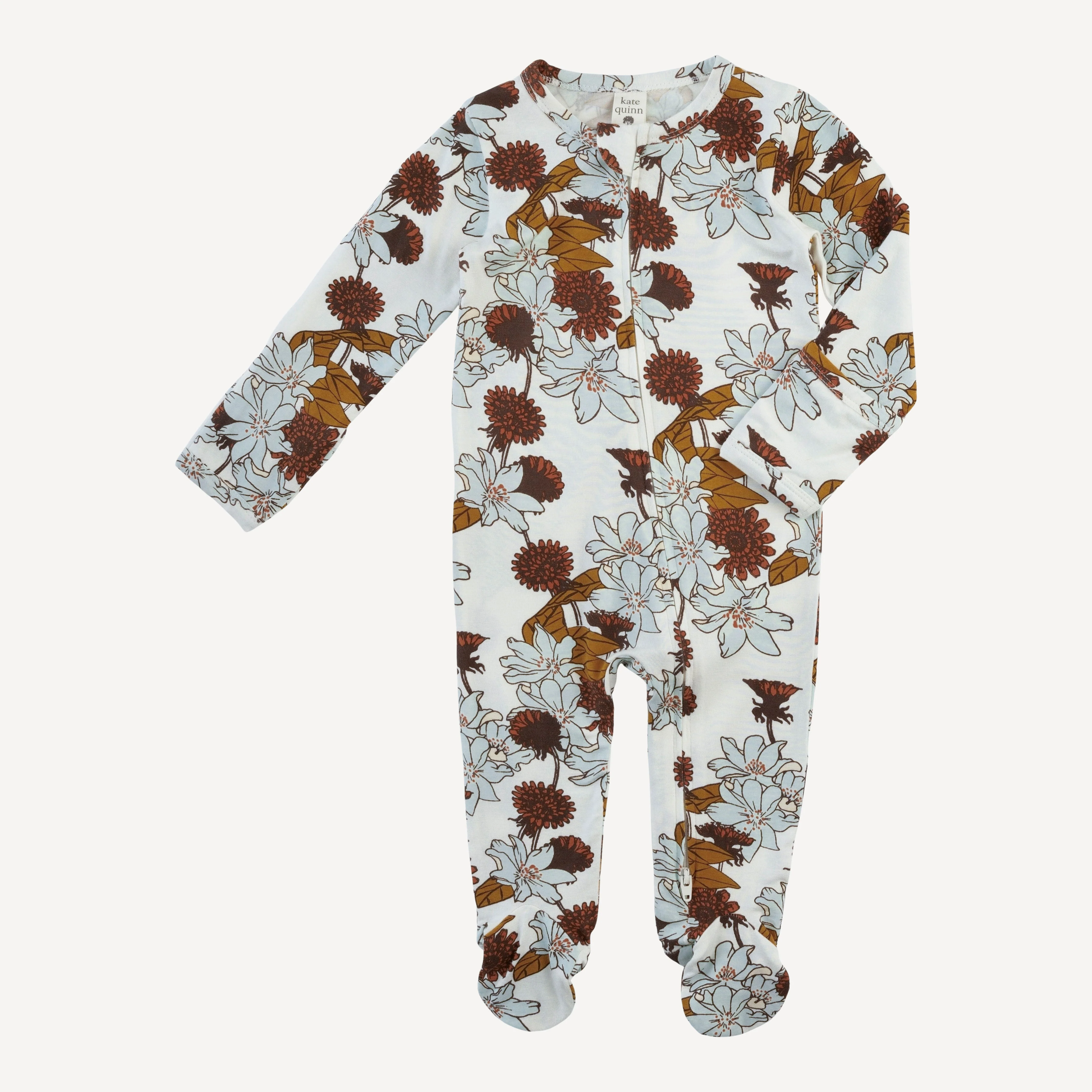 long sleeve two way zipper footie | caramel retro floral | bamboo - Image 3