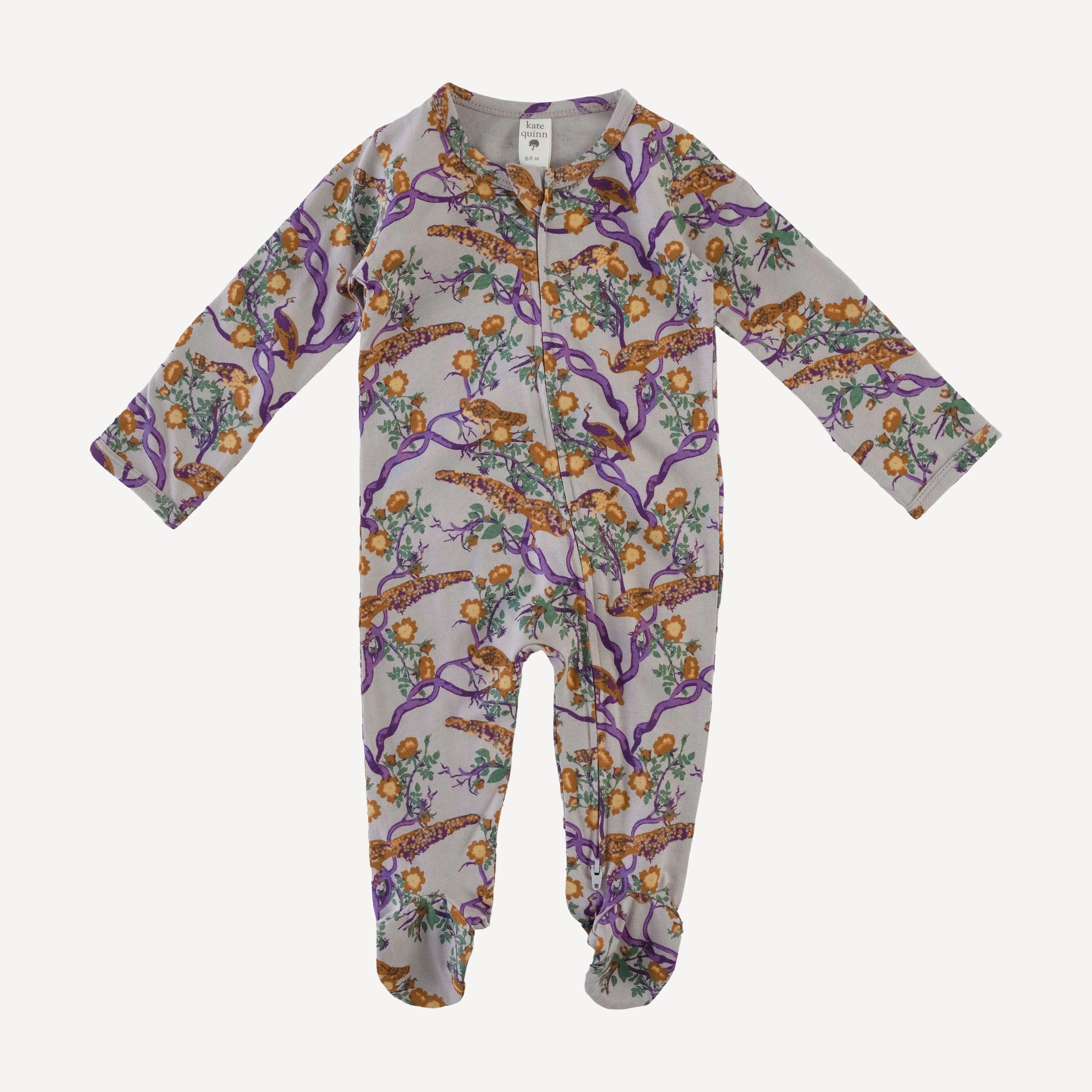 long sleeve two way zipper footie | chinoiserie peacock | organic cotton jersey