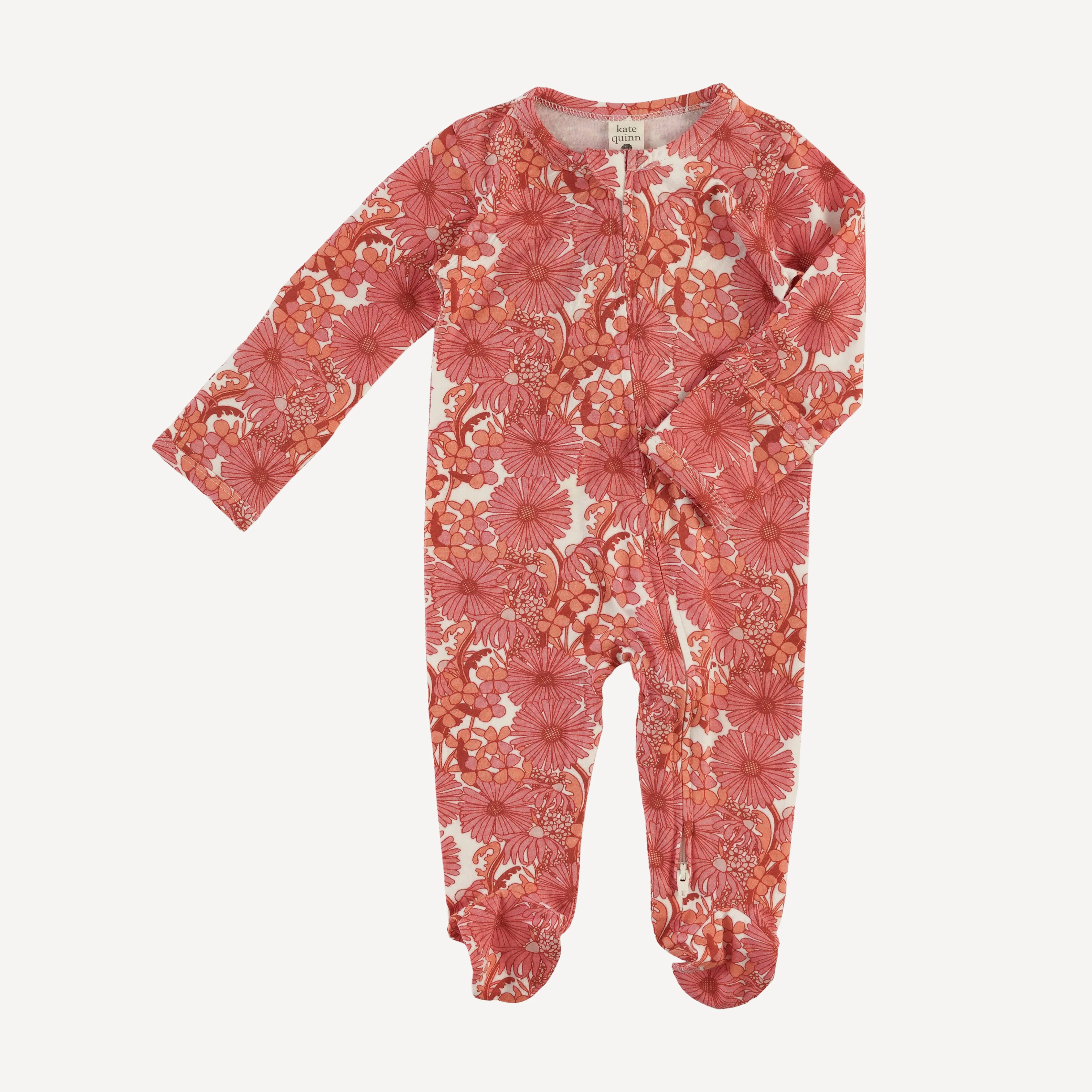long sleeve two way zipper footie | coral 70s daisy | bamboo - Image 3