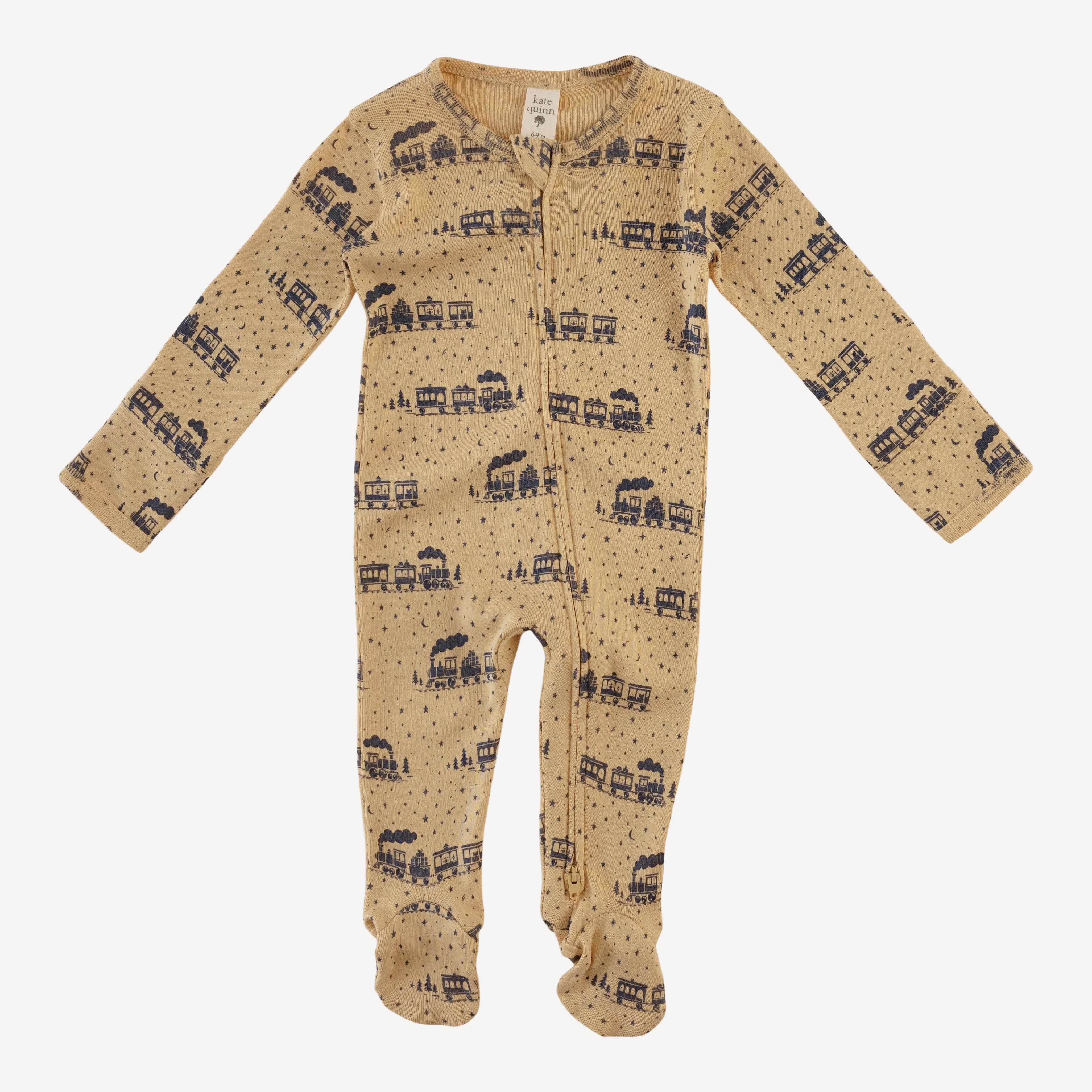long sleeve two way zipper footie | train | organic cotton flat rib