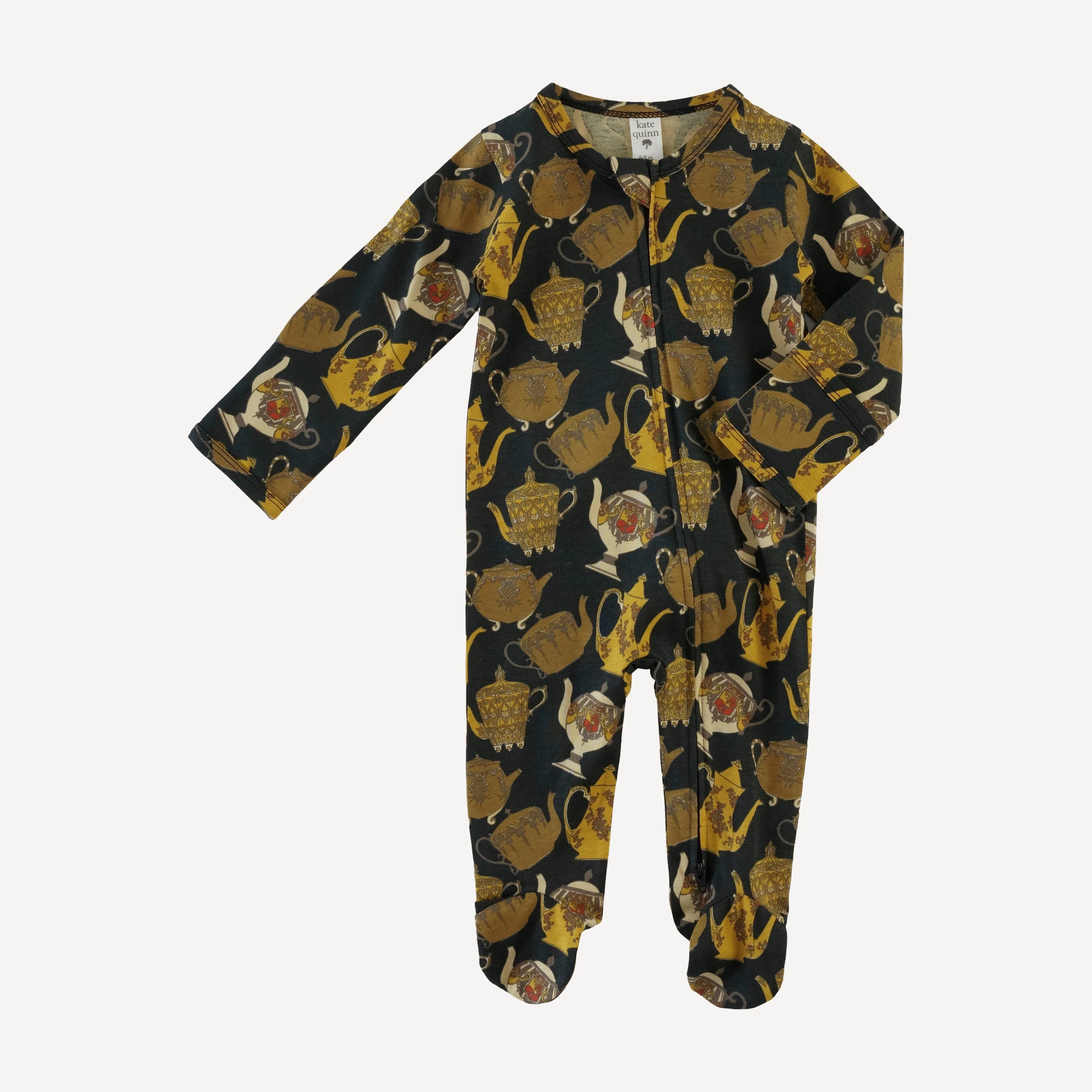 long sleeve two way zipper footie | gold teapots | organic cotton jersey - Image 3