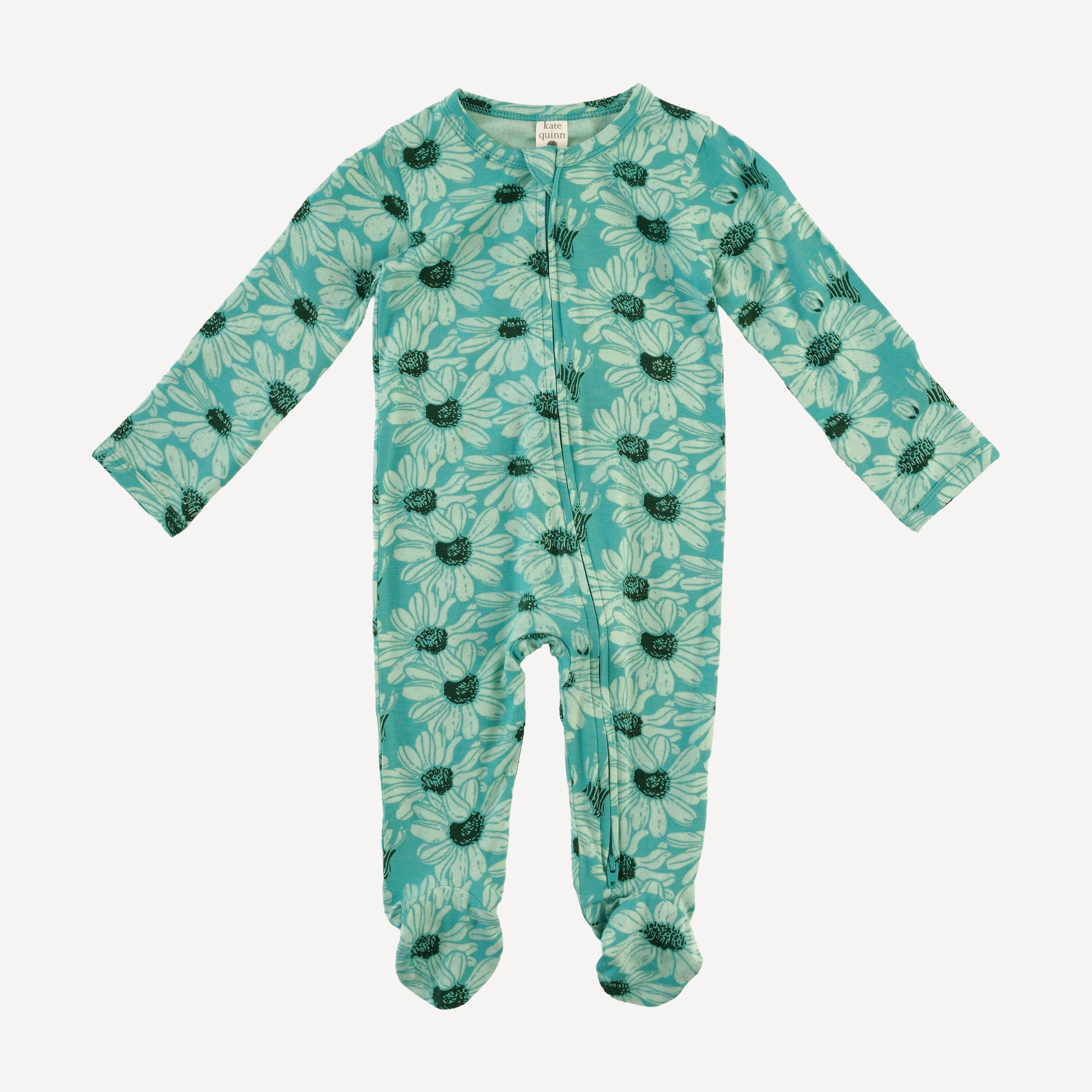 long sleeve two way zipper footie | green daisy | bamboo