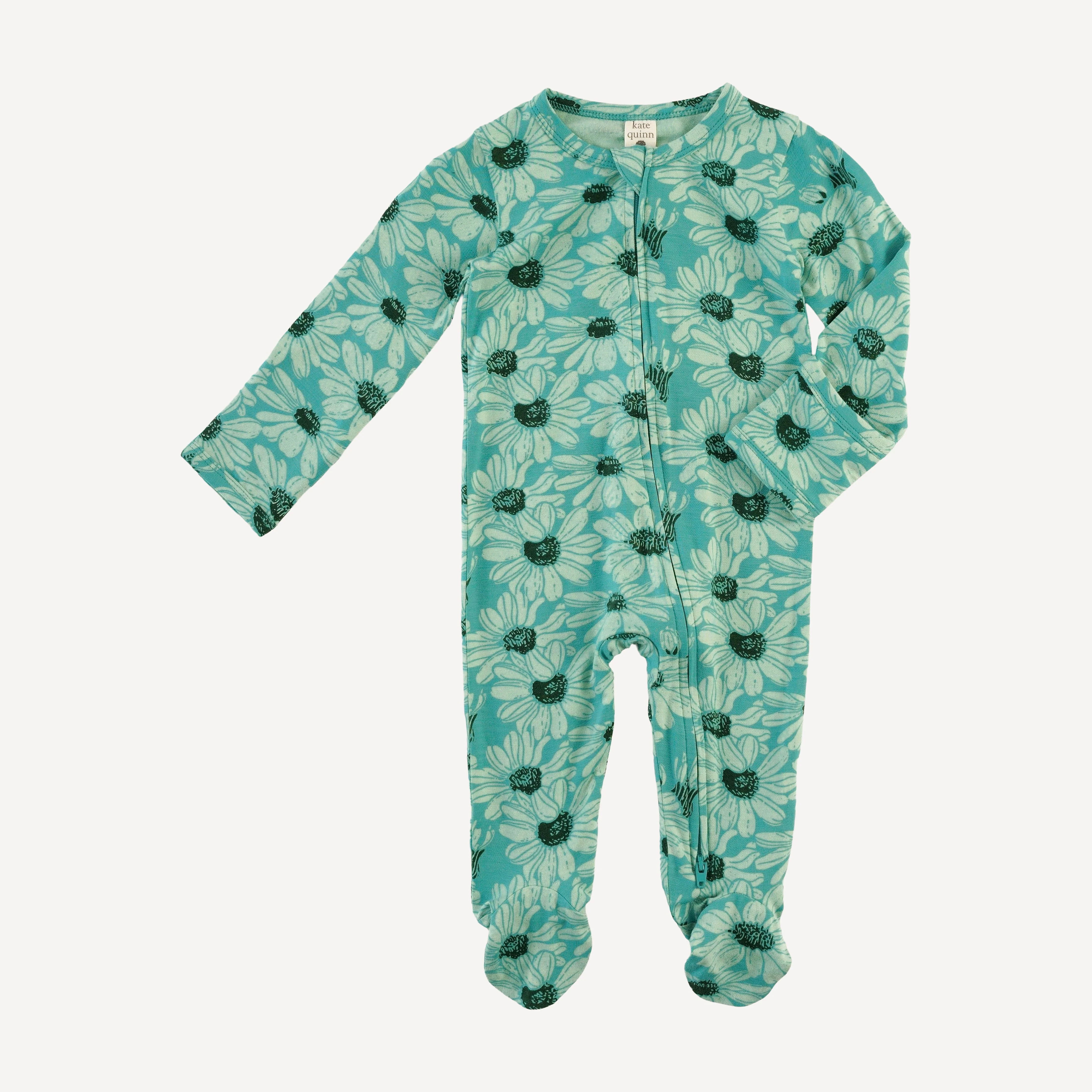 long sleeve two way zipper footie | green daisy | bamboo - Image 3