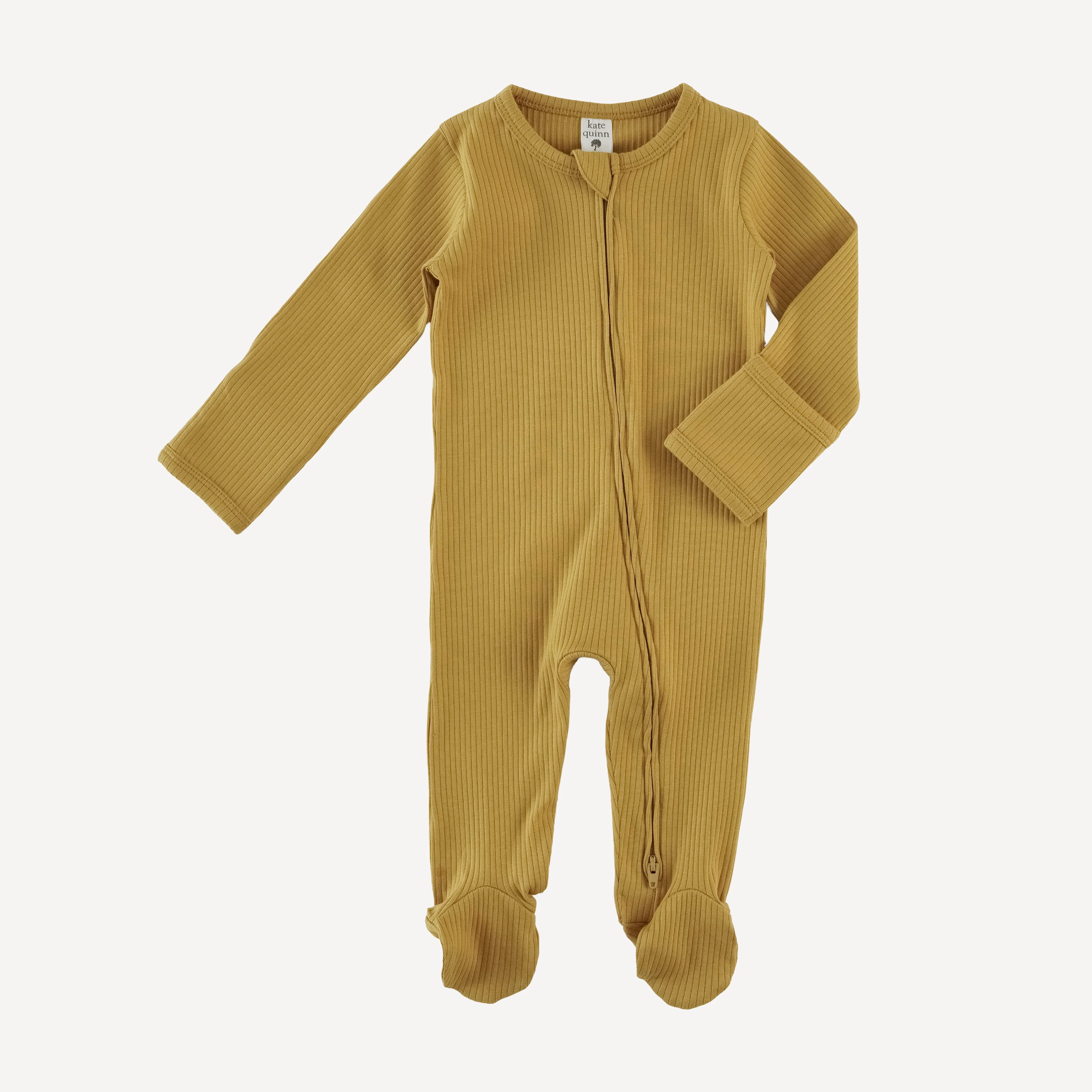 long sleeve two way zipper footie | honey mustard | organic cotton single rib - Image 3