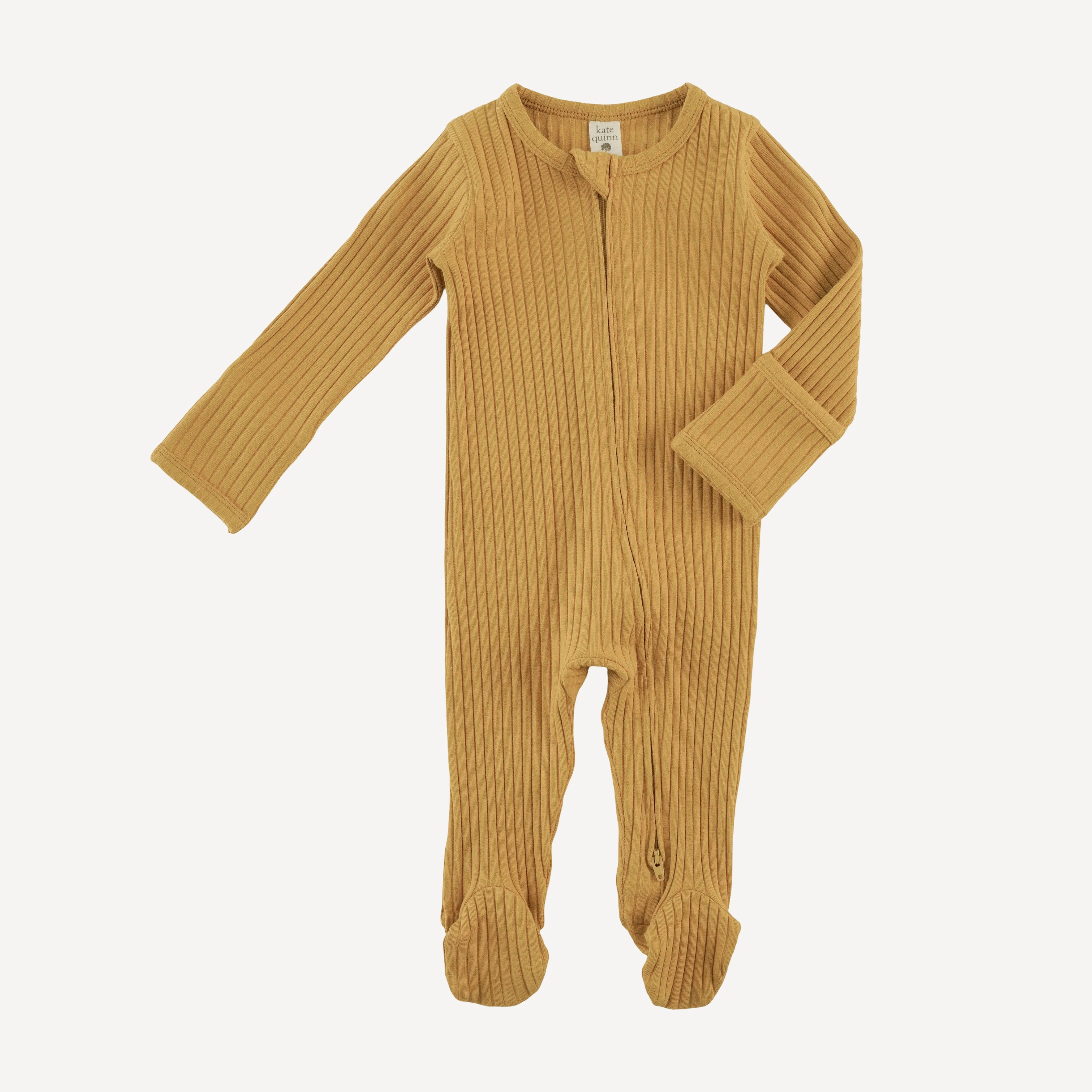 long sleeve two way zipper footie | honey mustard | organic cotton wide rib - Image 3