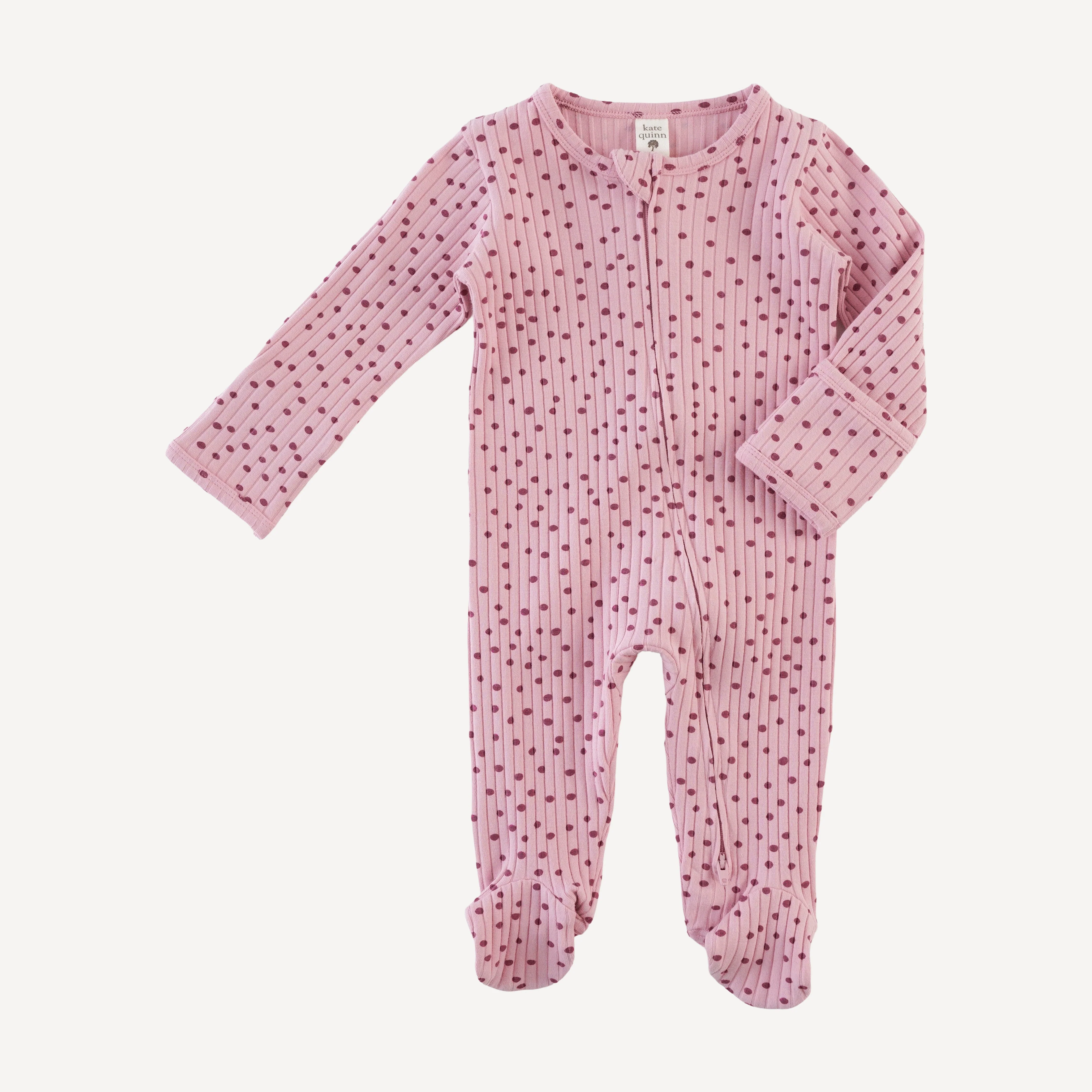 long sleeve two way zipper footie | mauve dot | organic cotton wide rib - Image 3
