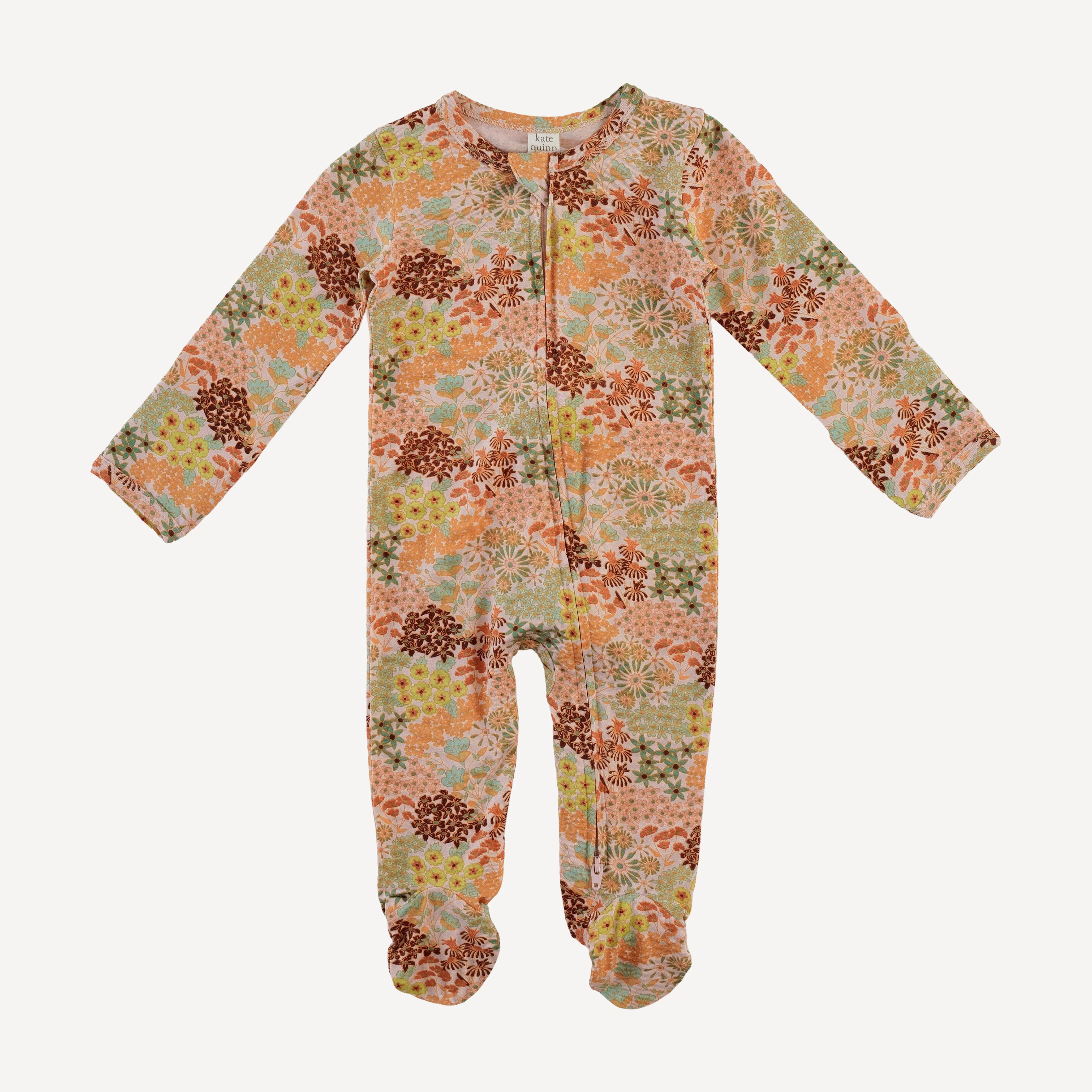 long sleeve two way zipper footie | pink ditsy garden | bamboo