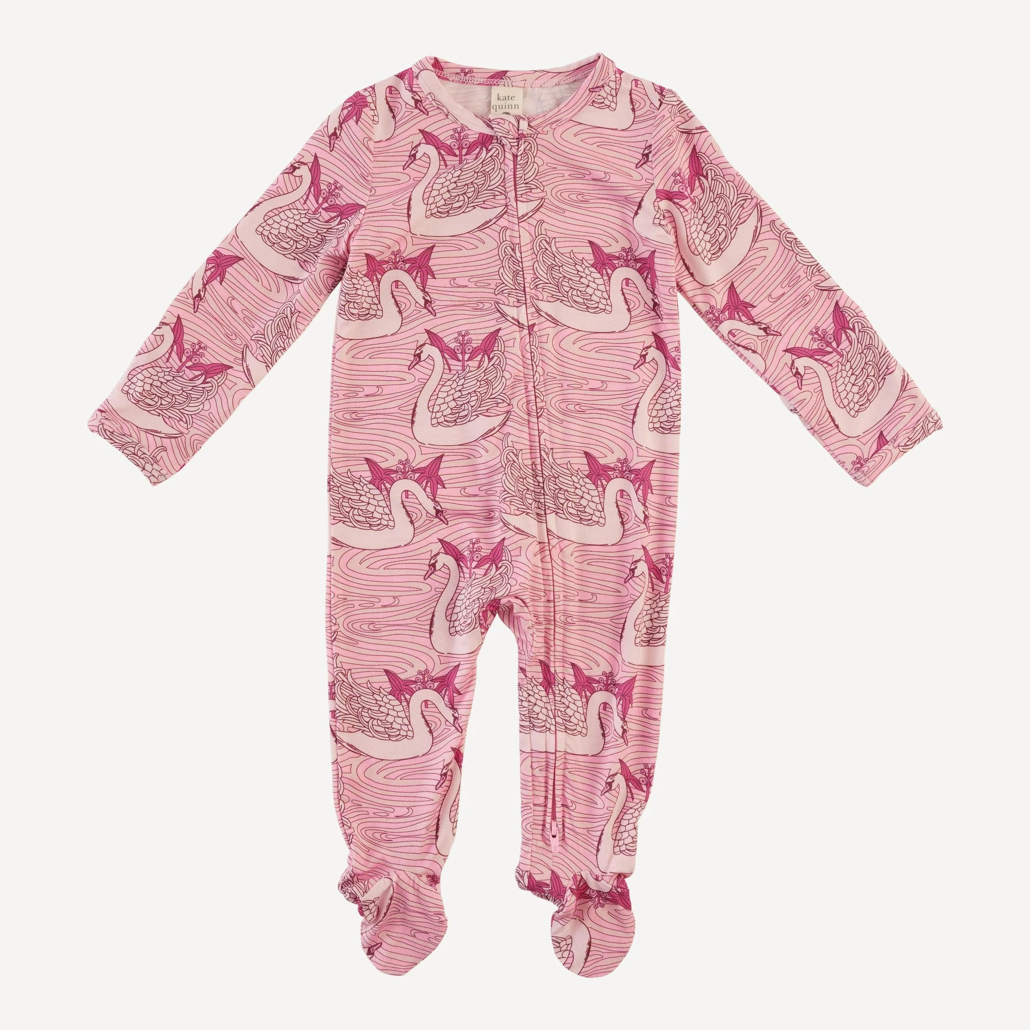 long sleeve two way zipper footie | pink nouveau swans | light weight bamboo
