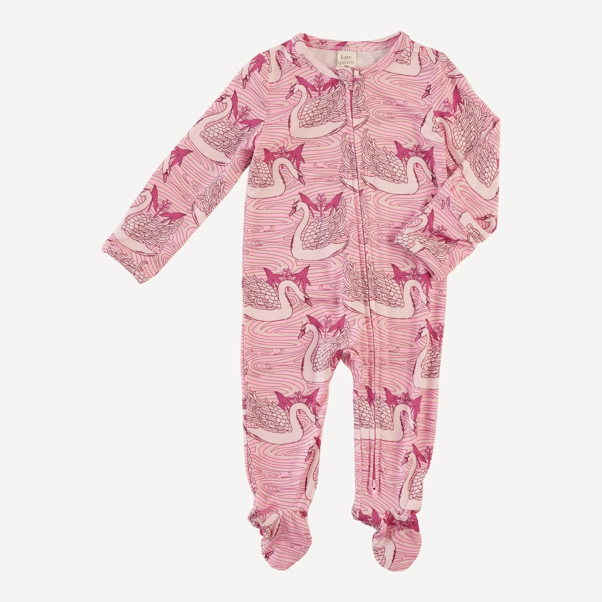long sleeve two way zipper footie | pink nouveau swans | light weight bamboo - Image 3