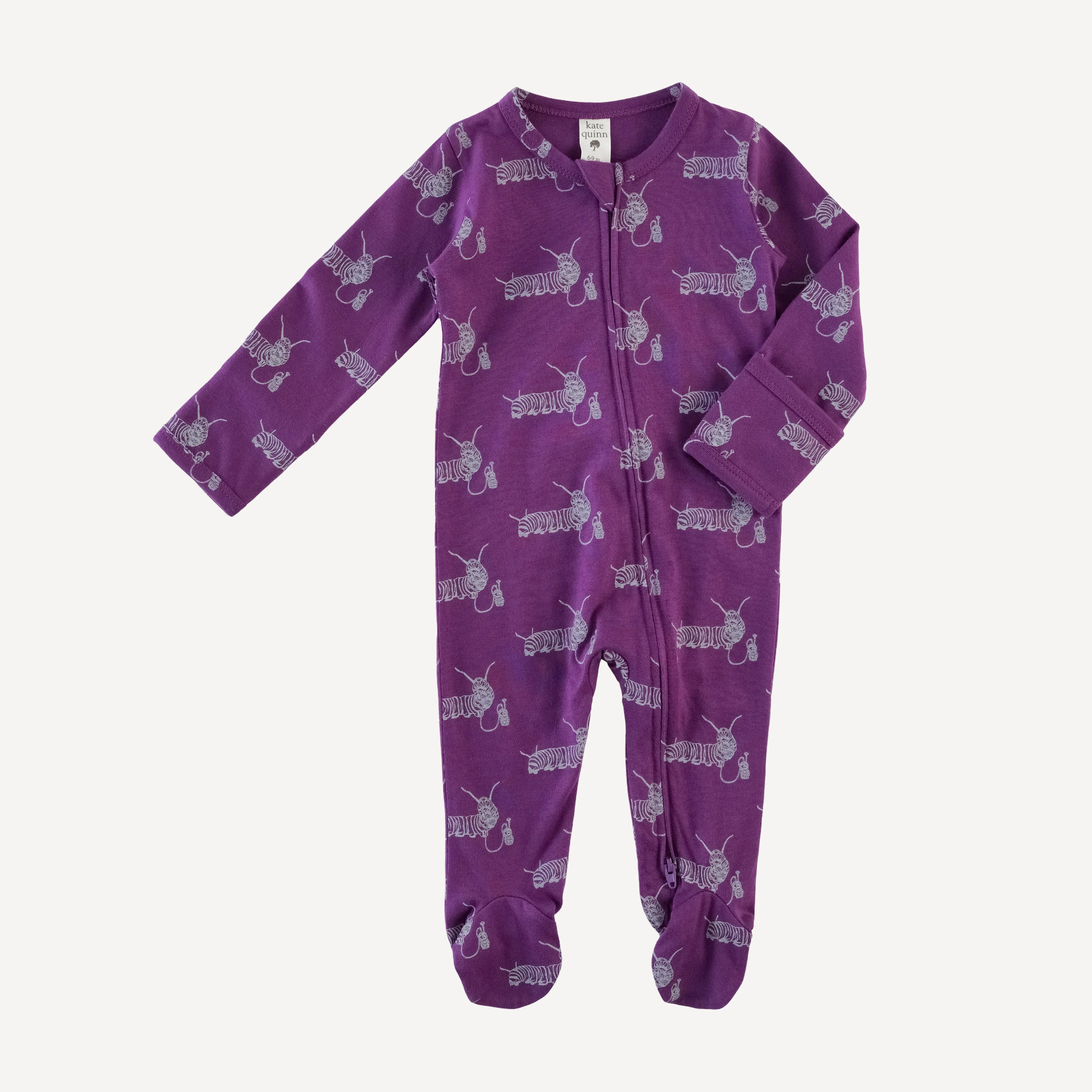 long sleeve two way zipper footie | plum caterpillar | organic cotton jersey - Image 3