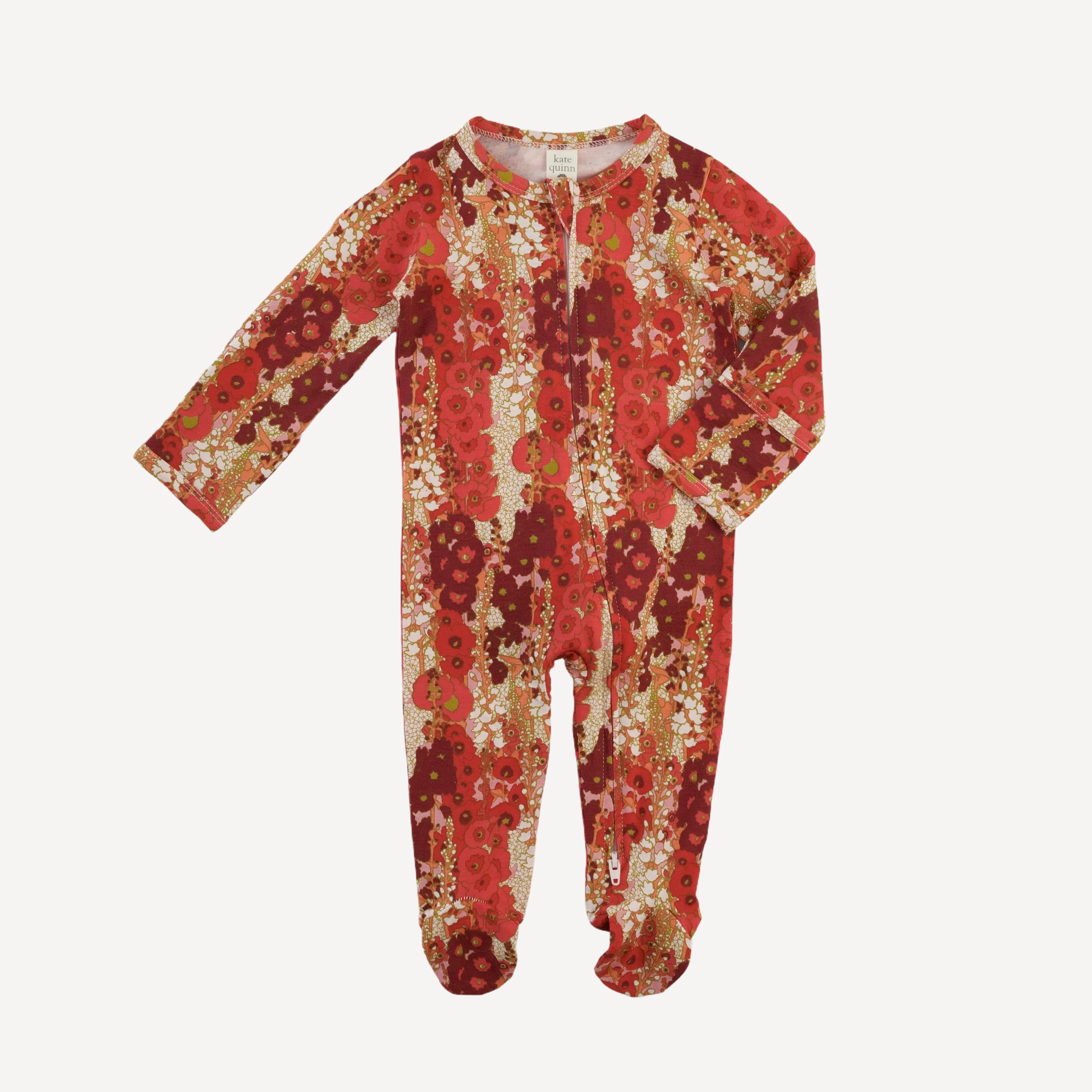 long sleeve two way zipper footie | red hollyhocks | bamboo - Image 3