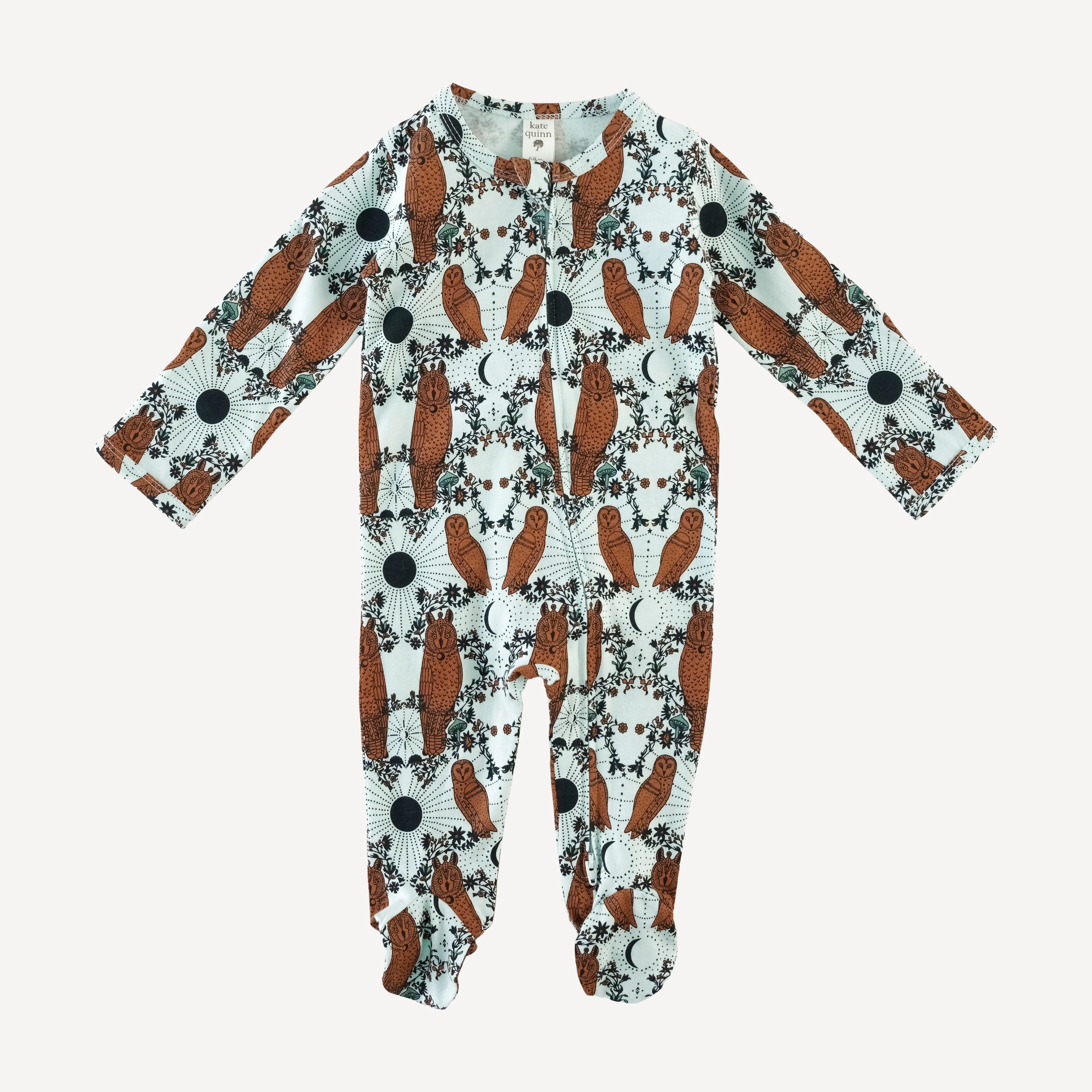 long sleeve two way zipper footie | rust mystical owl | organic cotton jersey